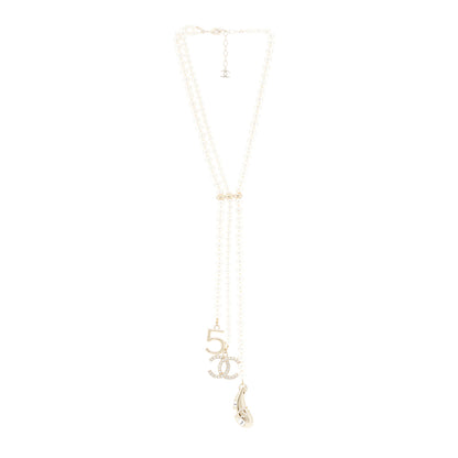 Chanel Pearl Beaded CC Charm Drop Multi Strand Lariat Necklace Pearly White Gold 2 of 5