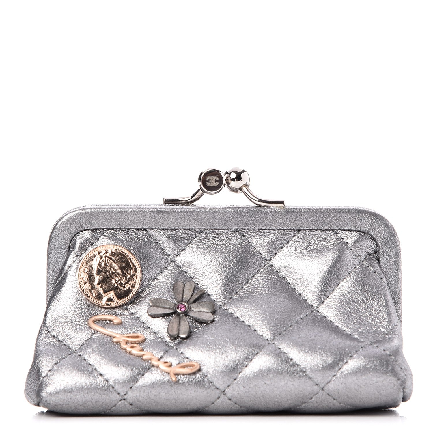 Chanel Metallic Calfskin Quilted Charm Coin Wallet Silver 1 of 7