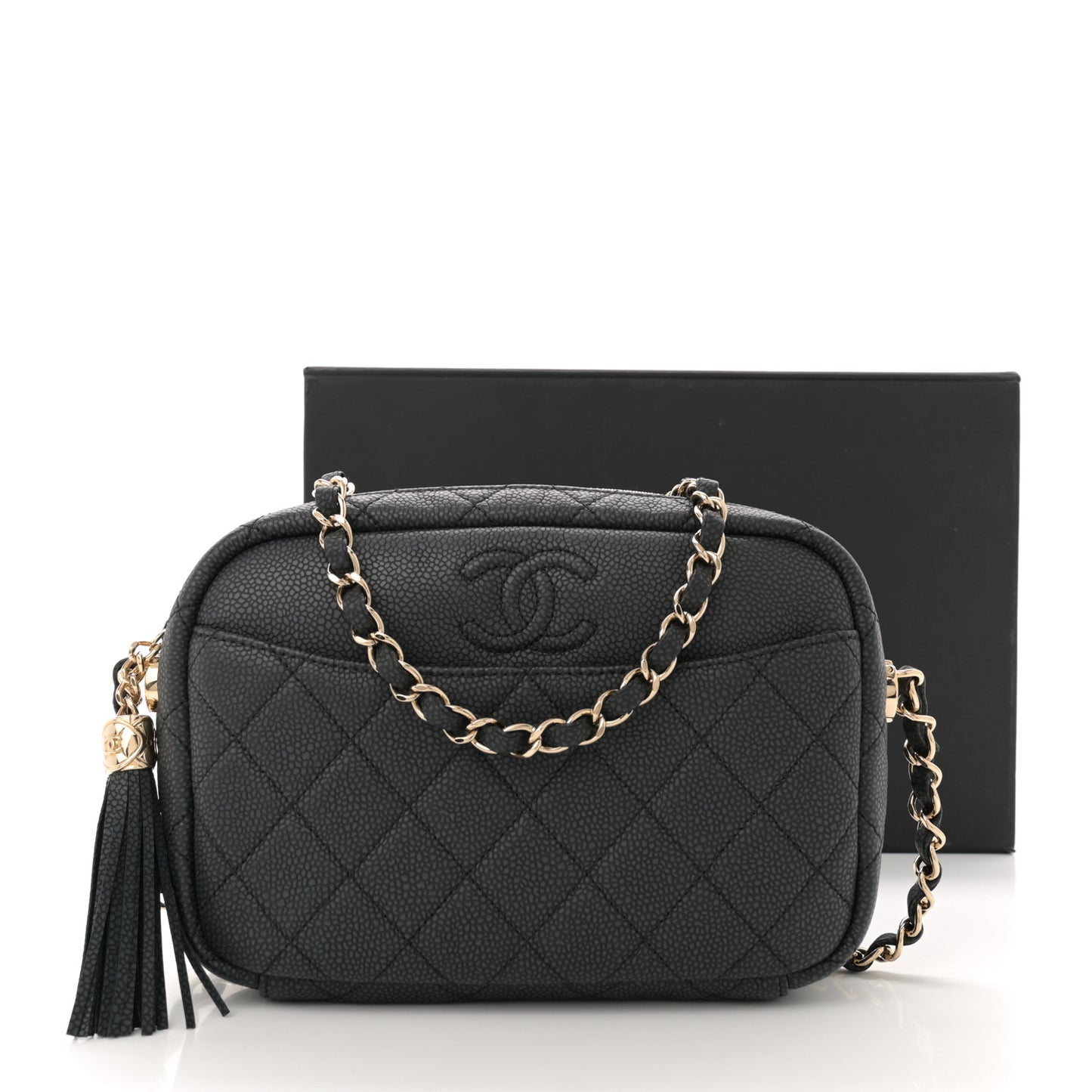 Iridescent Caviar Quilted Small Coco Tassel Camera Case Black