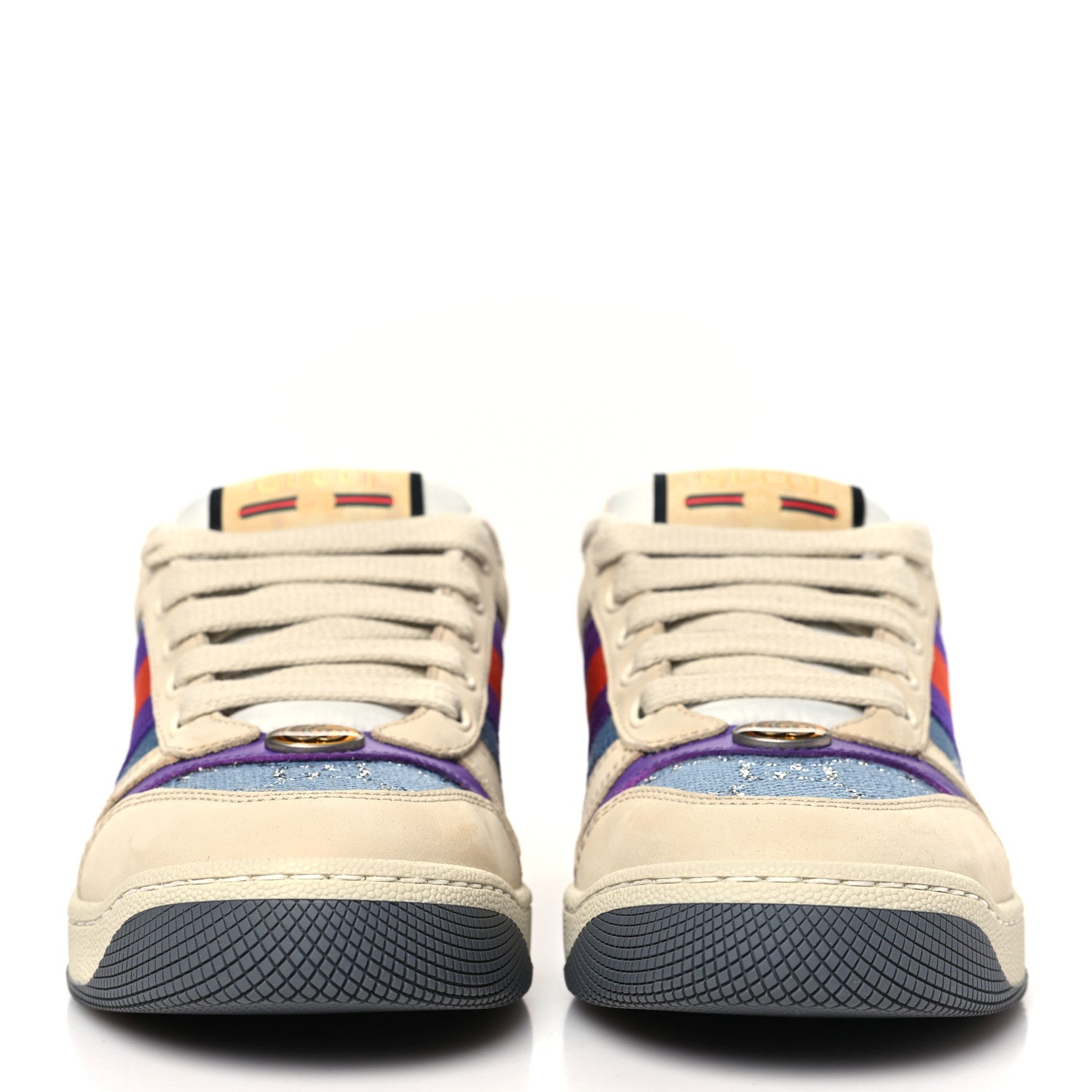 Gucci Calfskin Lame GG Monogram Web Womens Screener Sneakers 35.5 Blue Silver Dusty Milk Shine Purple 3 of 10