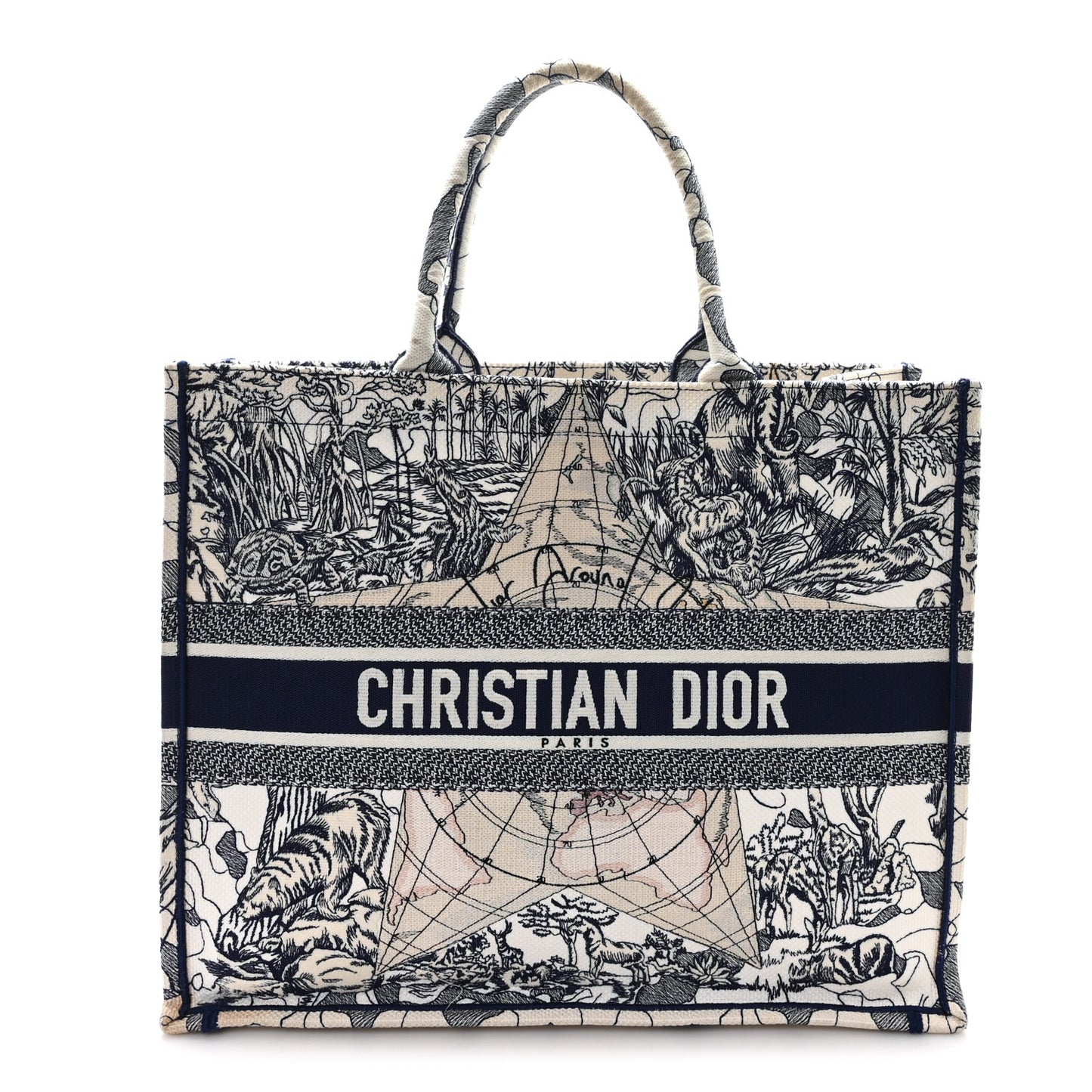 Canvas Embroidered Large Around The World Book Tote Blue