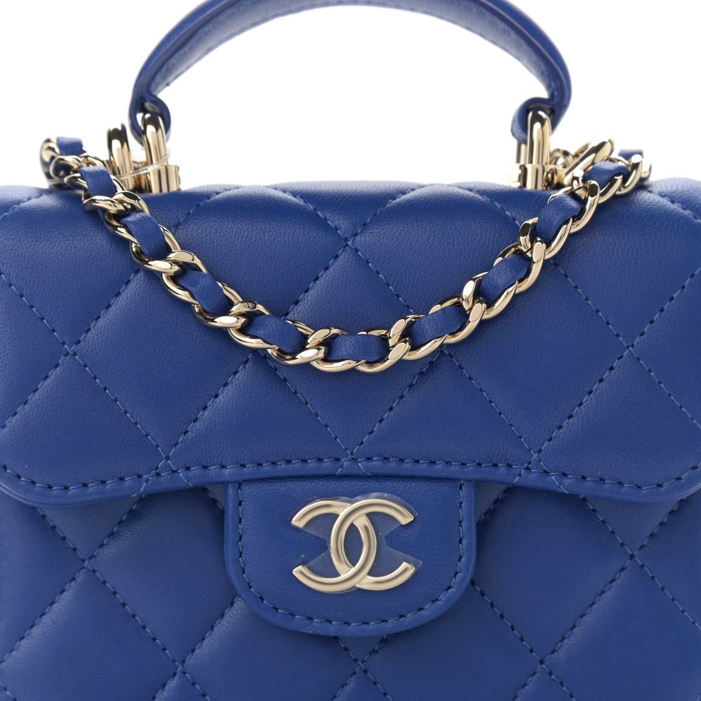 Lambskin Quilted Top Handle Flap Coin Purse With Chain Blue