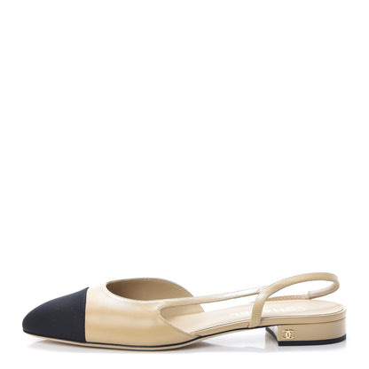 Chanel Goatskin Grosgrain Cap Toe CC Slingback Sandals 40.5 Beige Black 1 of 8