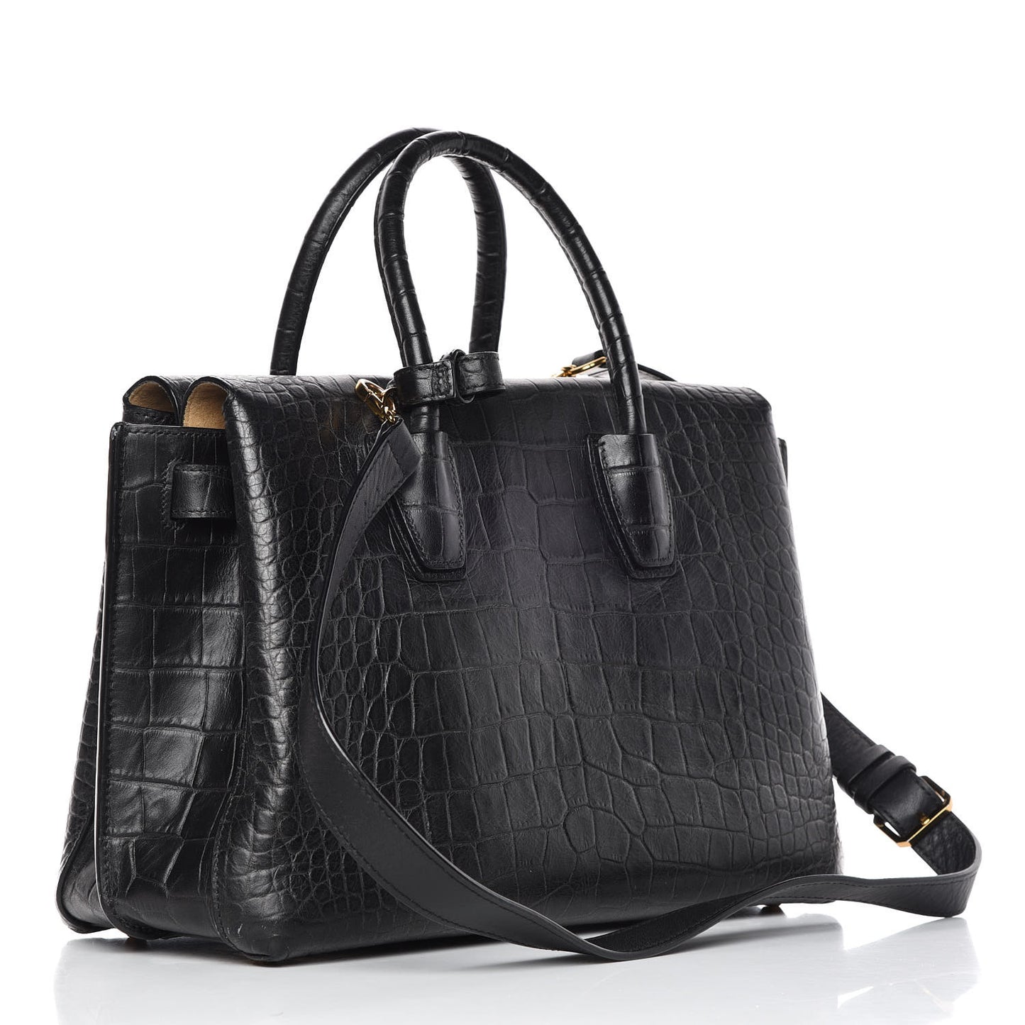 Calfskin Crocodile Embossed Medium Milla Tote Black