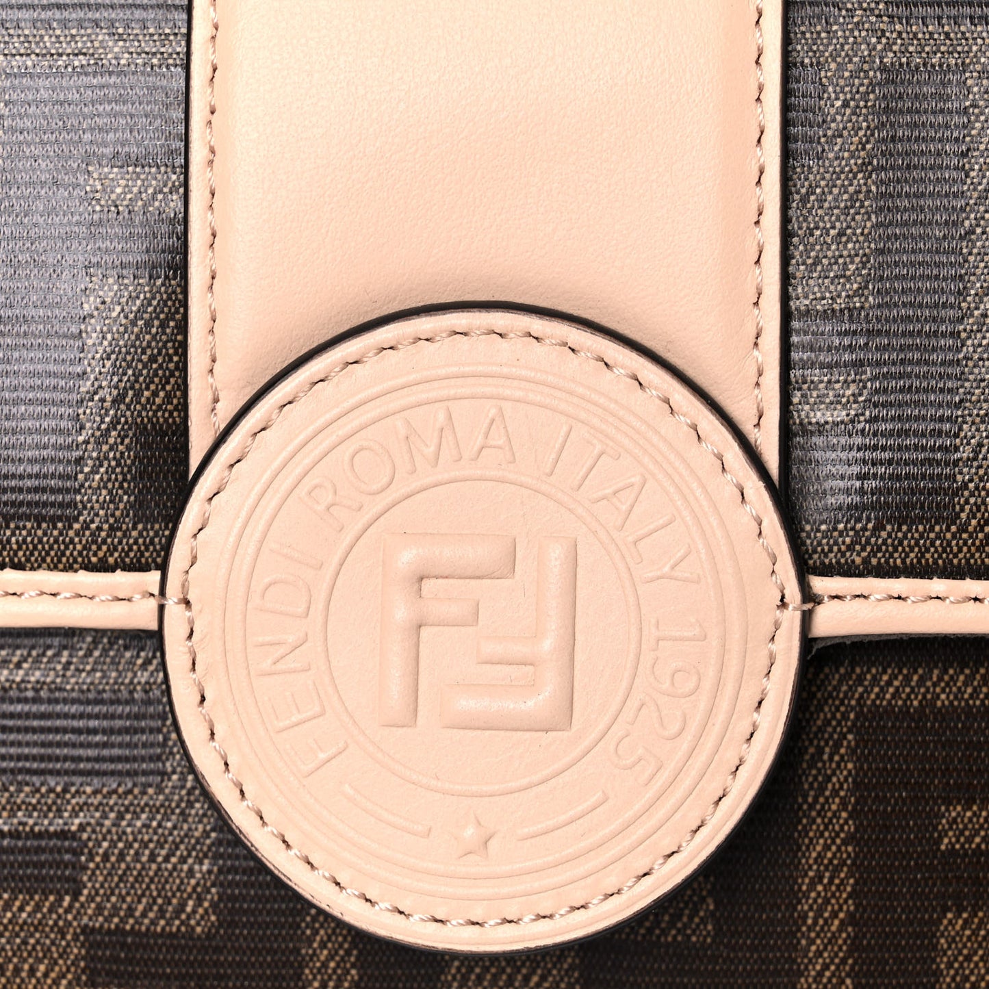 Glazed Fabric Vitello Century FF 1974 Stamp Patch Mini Double F Crossbody Bag Mogano Panna Plaster