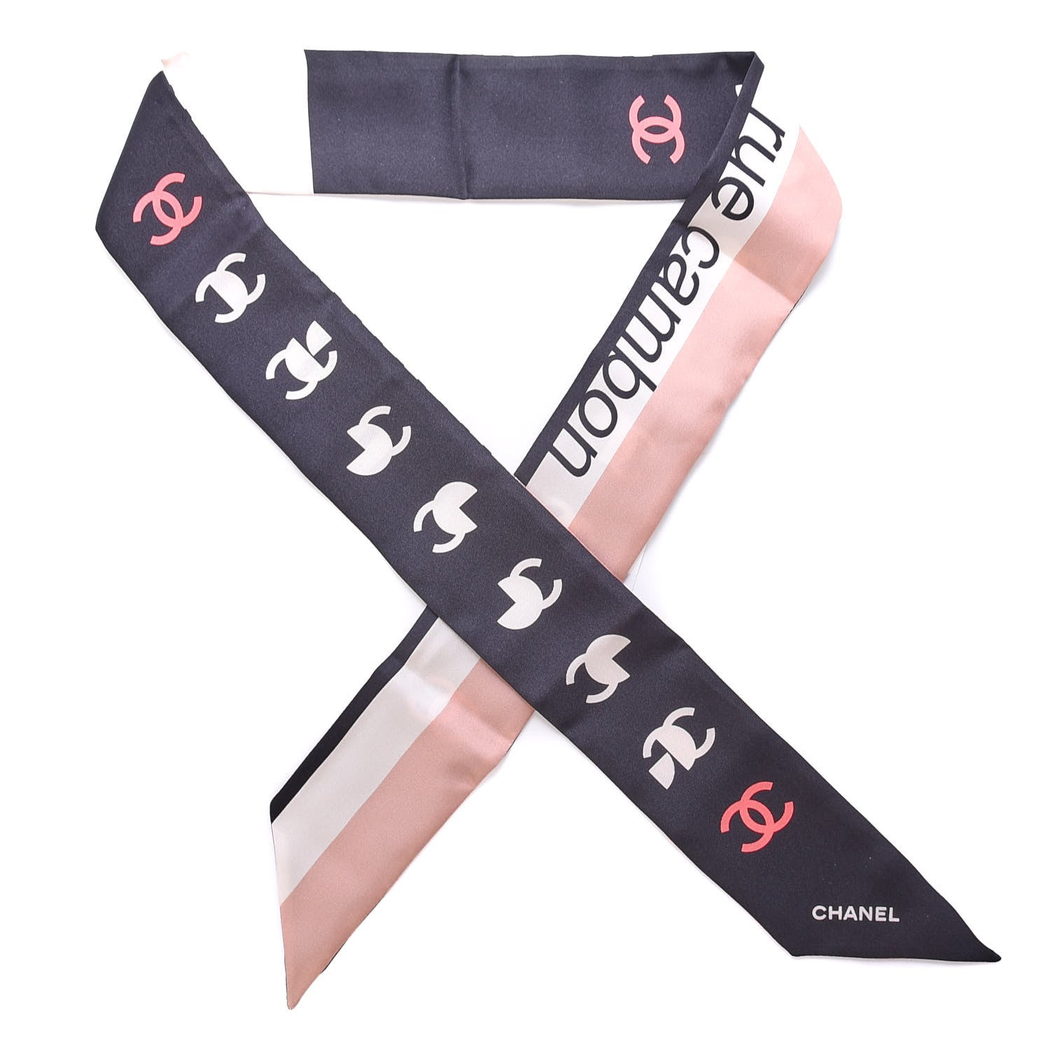 Chanel Silk 31 Rue Cambon CC Slim Bandeau Scarf Ecru Pink Black 1 of 3