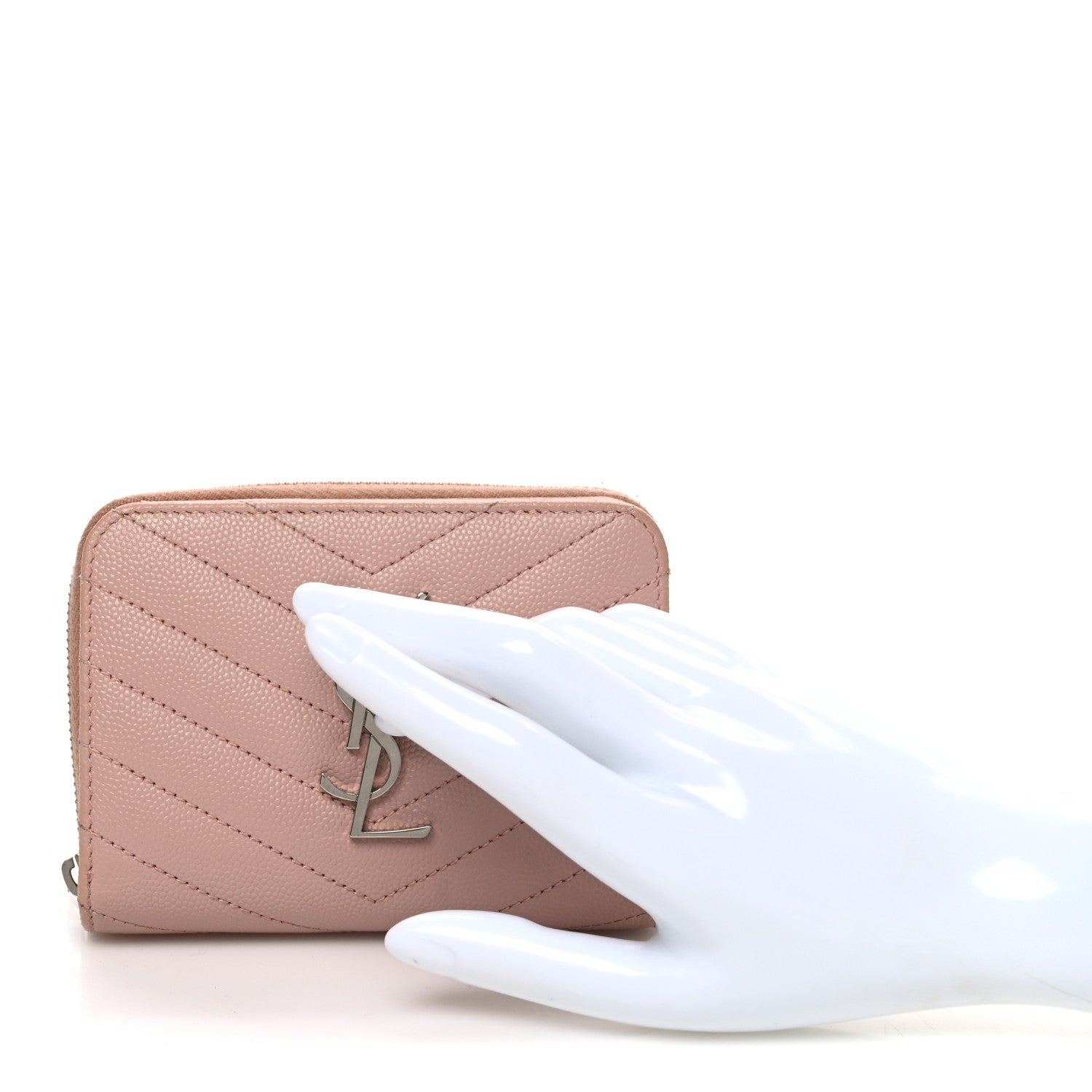 Saint Laurent Grain De Poudre Matelasse Chevron Monogram Compact Zip Around Wallet Pink 2 of 10