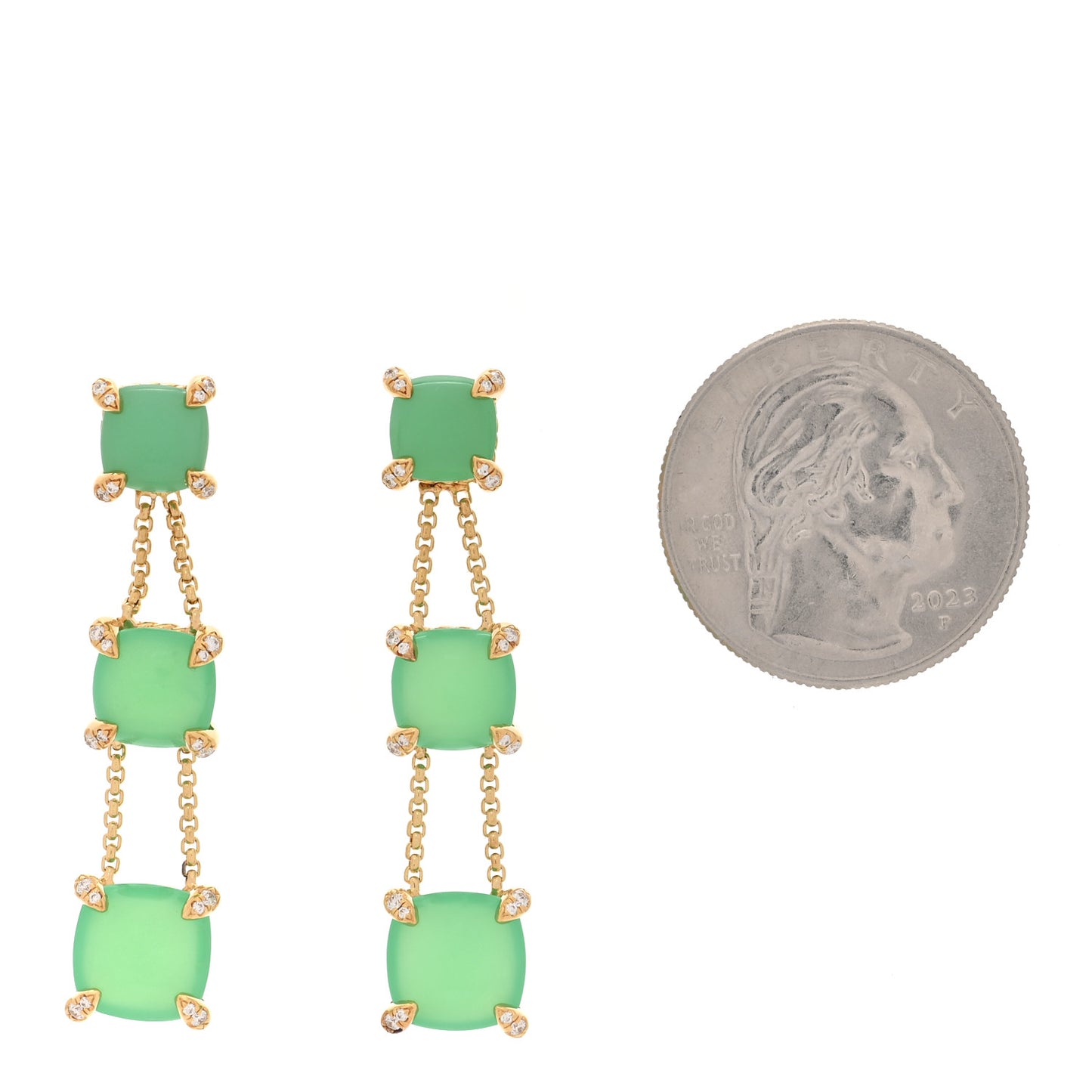 18K Yellow Gold Diamond Chrysoprase Chatelaine Chain Drop Earrings