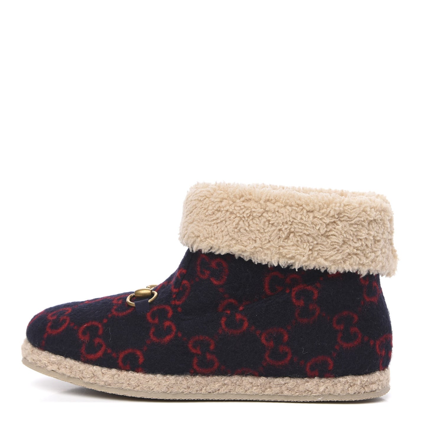 Covered Wool GG Monogram Womens Fria Horsebit Ankle Boots 39.5 Blue Red Butterscotch