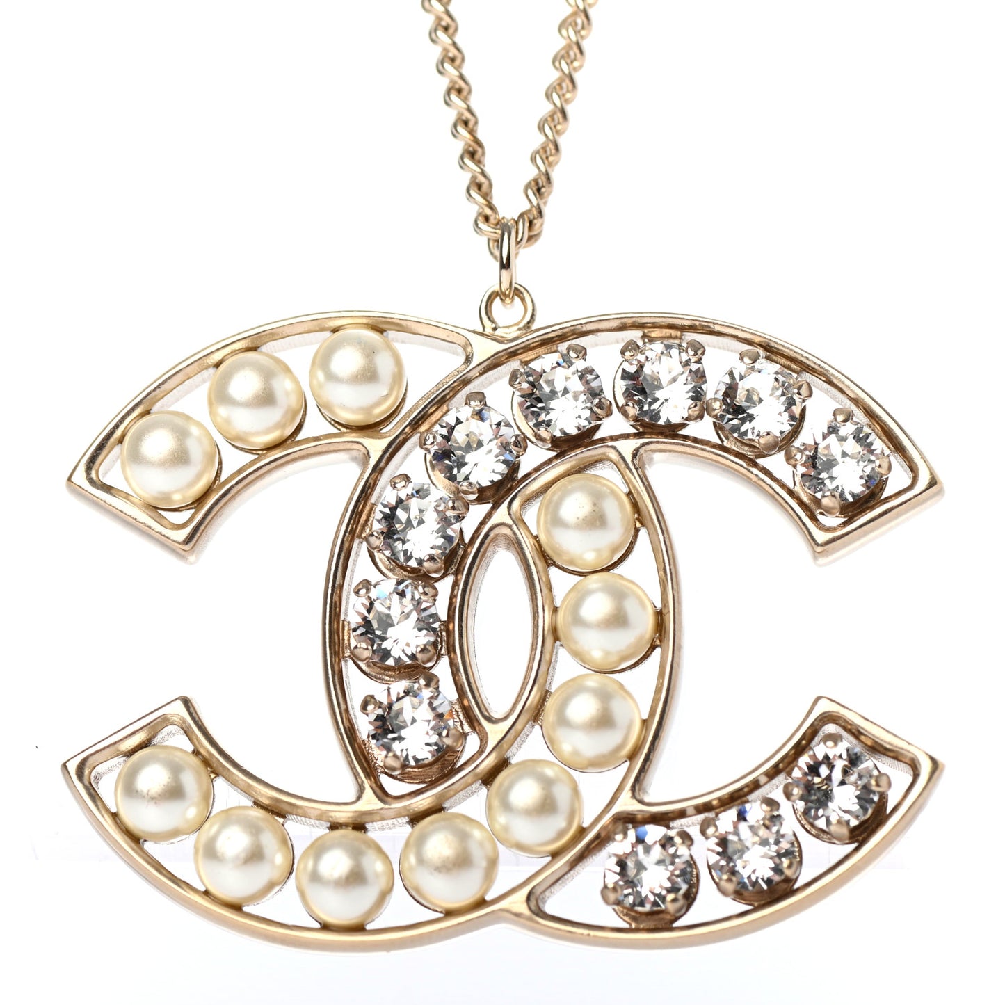 Pearl Crystal CC Pendant Necklace Gold
