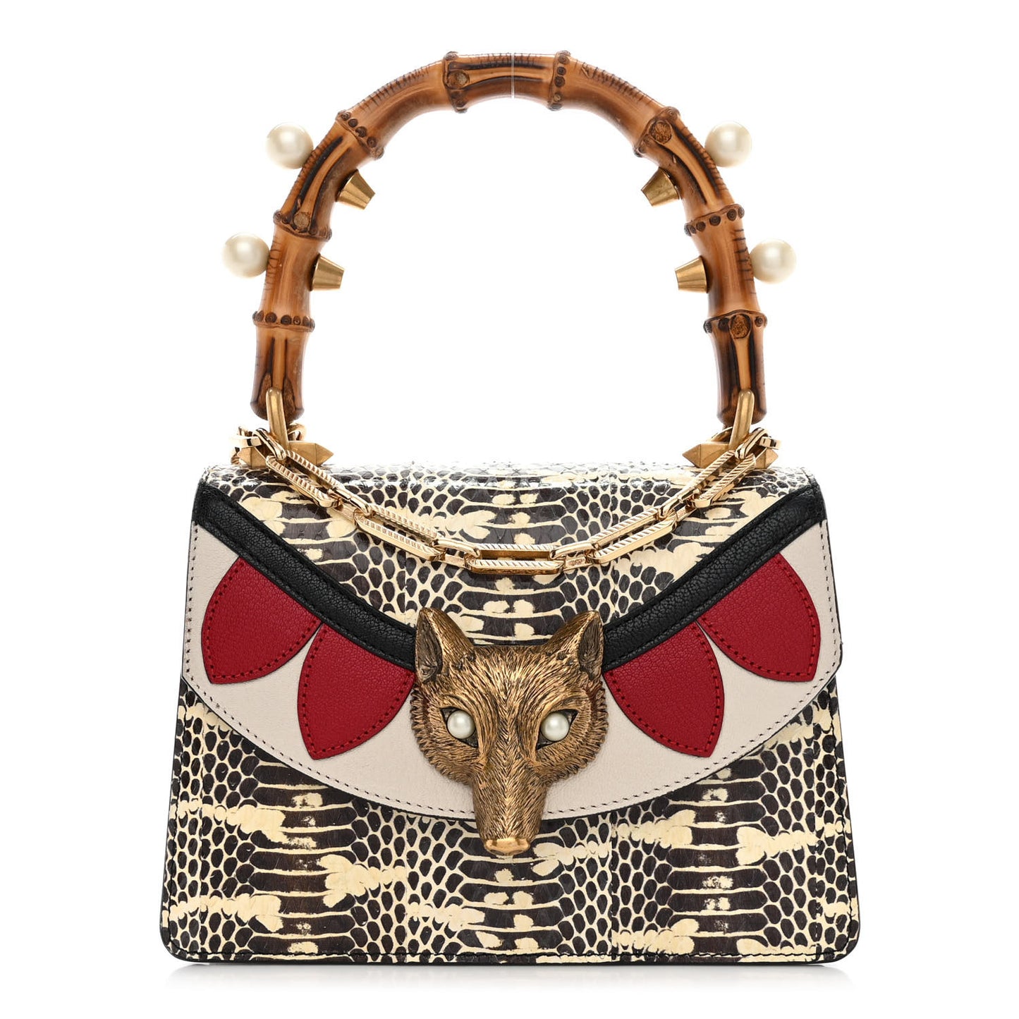Snakeskin Pearl Mini Fox Broche Bamboo Top Handle Bag Roccia Hibiscus Red Mystic White