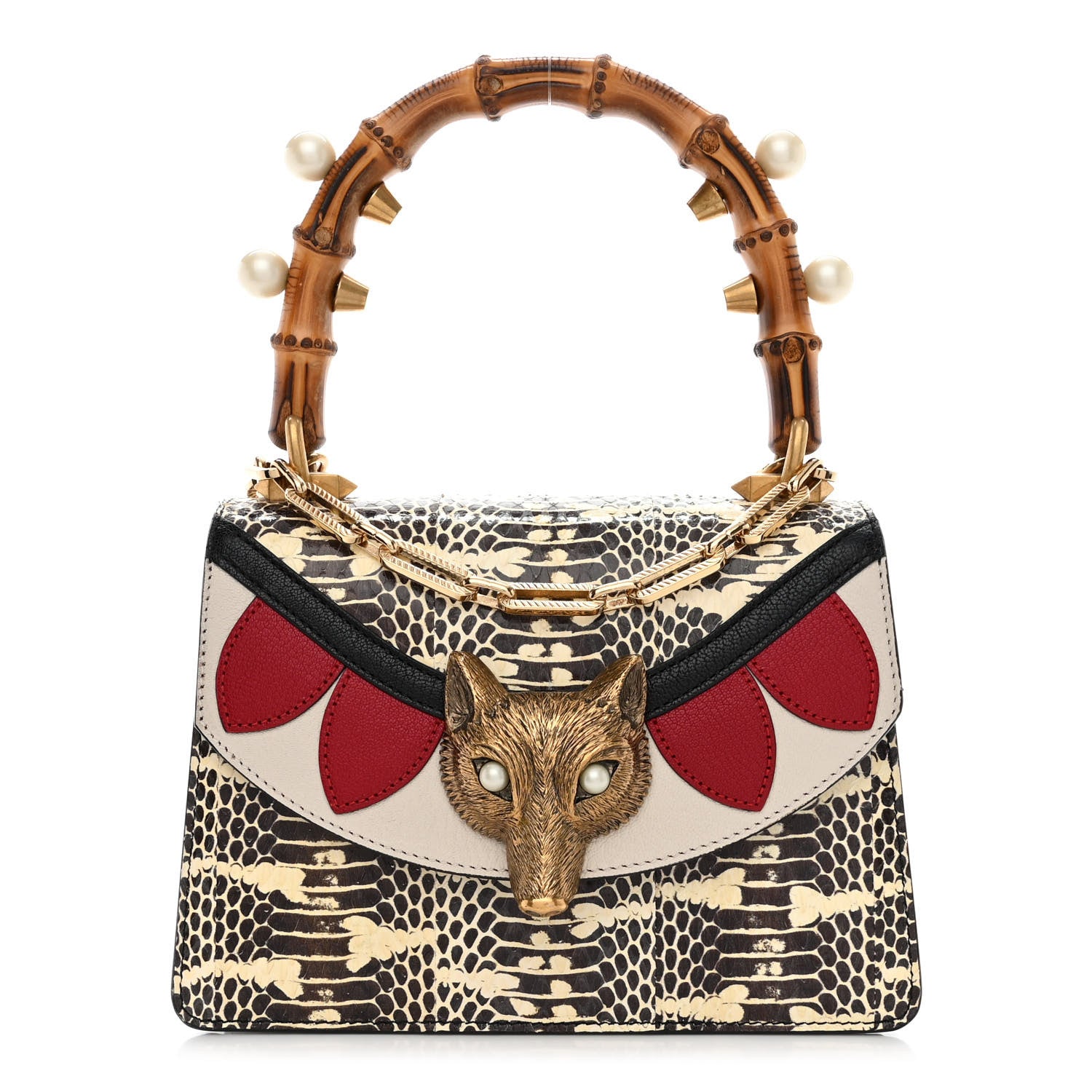 Gucci Snakeskin Pearl Mini Fox Broche Bamboo Top Handle Bag Roccia Hibiscus Red Mystic White 1 of 12