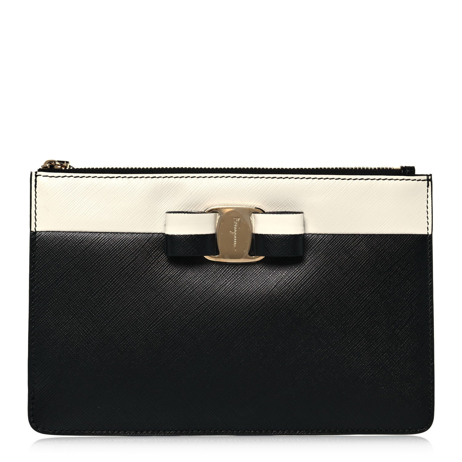 Salvatore Ferragamo Printed Calfskin Vara Bow Clutch Black White 1 of 11