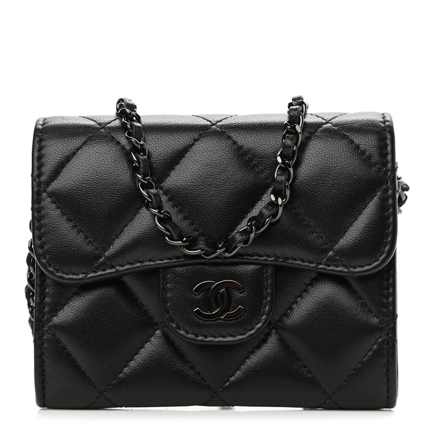 Lambskin Quilted Flap Card Holder On Chain So Black