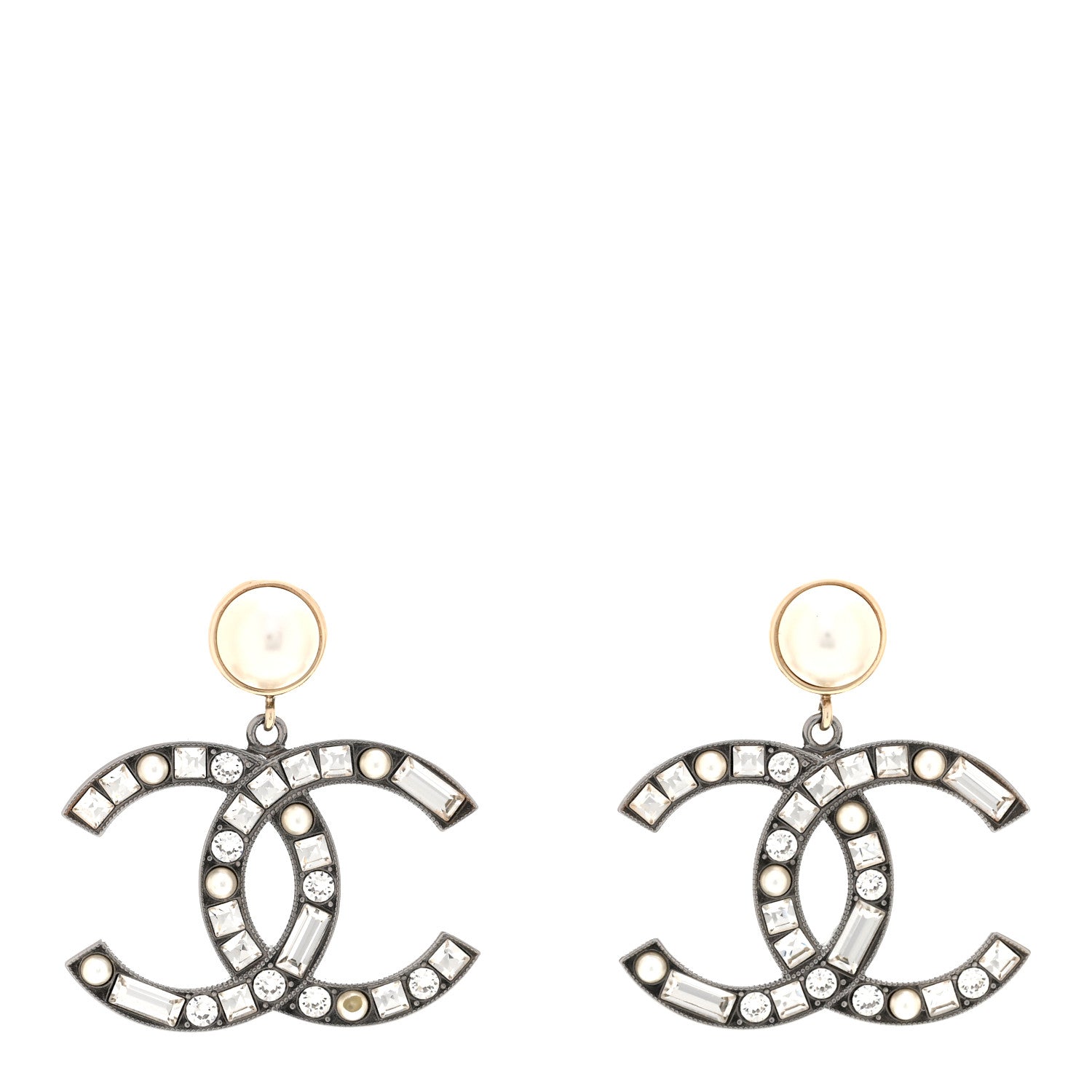 Chanel Crystal Pearl CC Drop Earrings Gold Silver 1 of 6