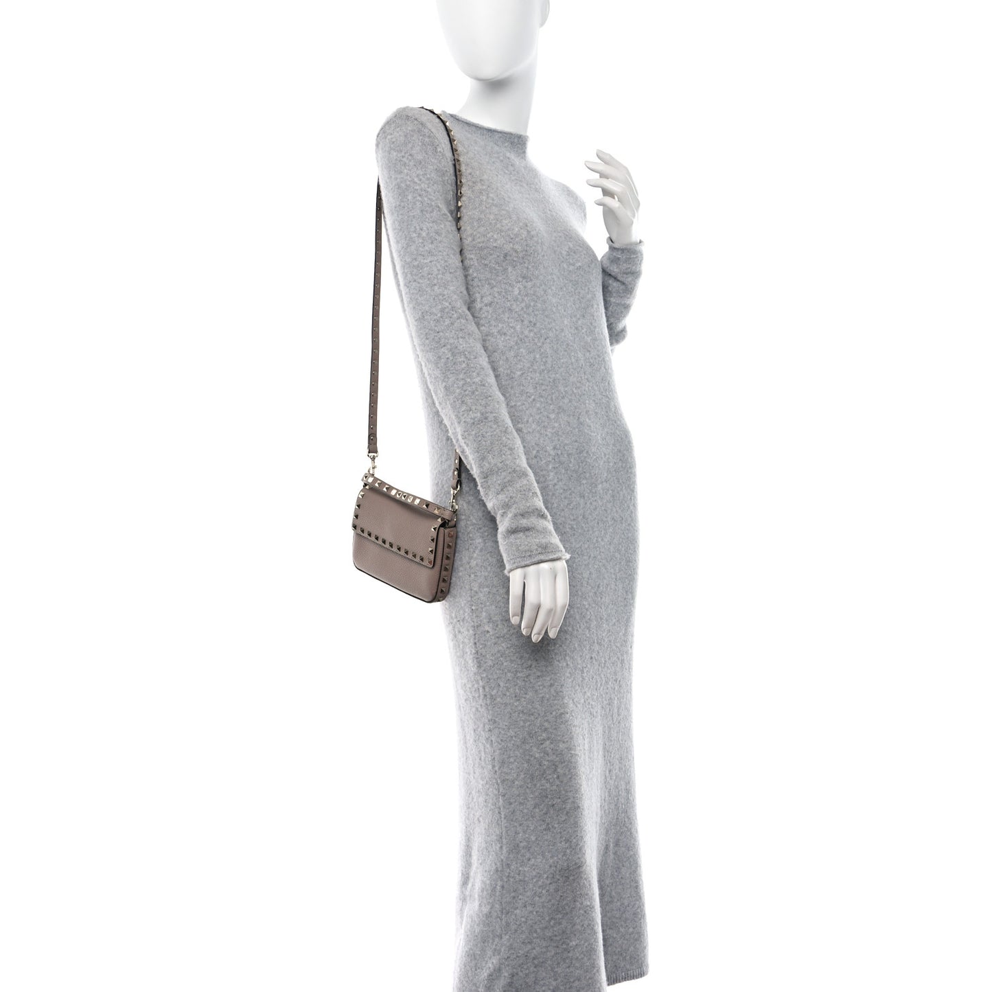 Grainy Calfskin Rockstud Crossbody Pouch Poudre