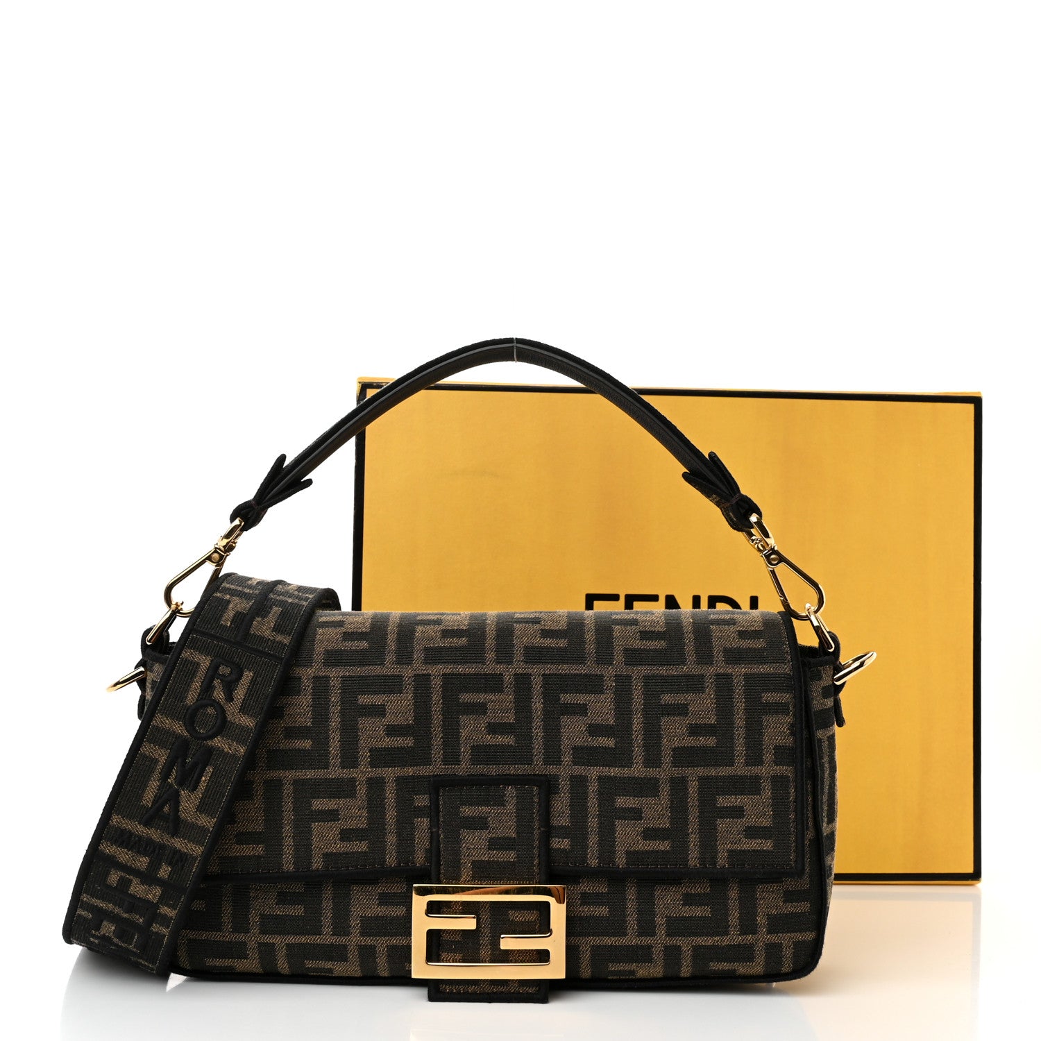 Fendi Fabric Jacquard FF 1974 Medium Baguette Tobacco Moro Black