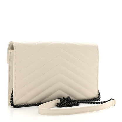 Saint Laurent Grain De Poudre Matelasse Chevron Monogram Envelope Chain Wallet Dove White 3 of 11