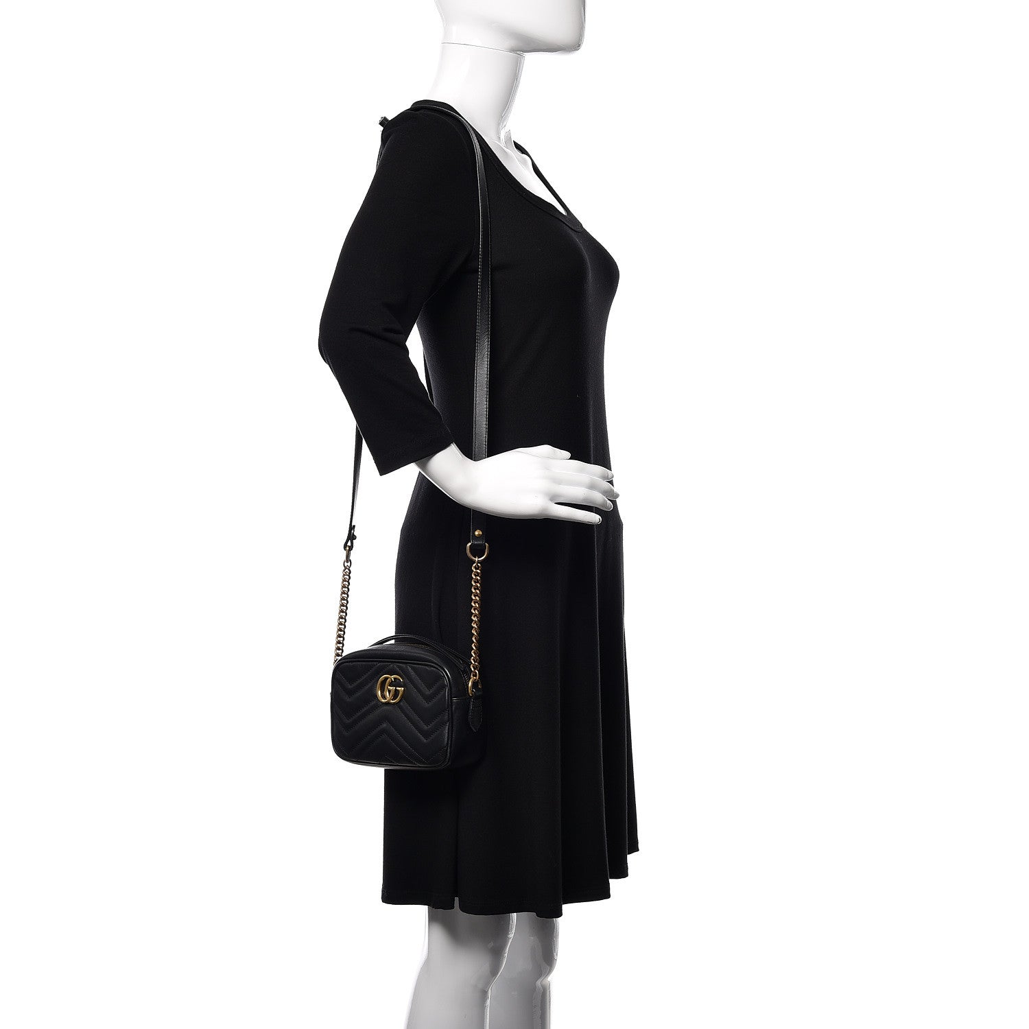 Gucci Calfskin Matelasse Mini GG Marmont Chain Shoulder Bag Black 2 of 12
