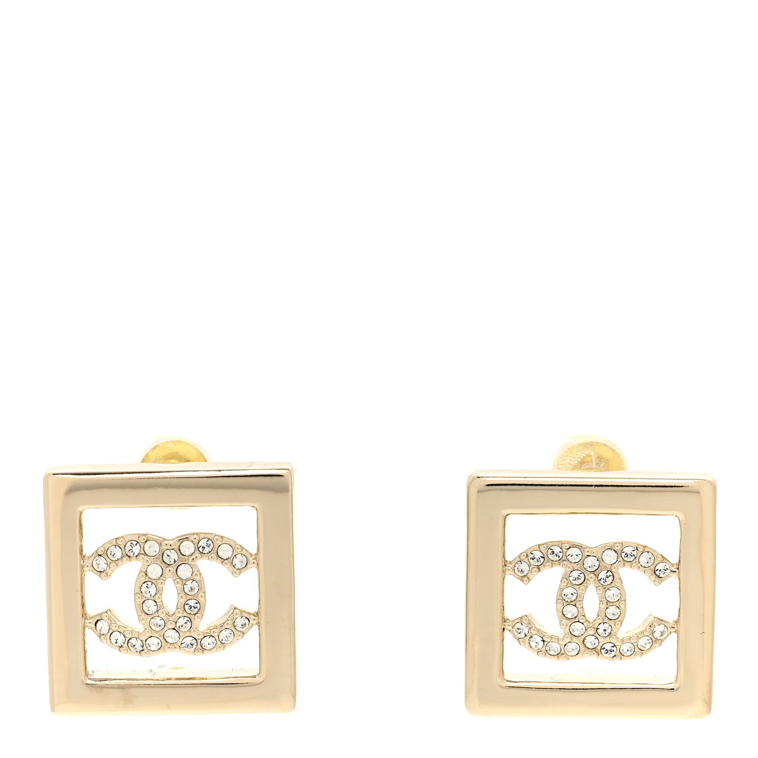 Chanel Metal Crystal Square CC Earrings Gold 1 of 4
