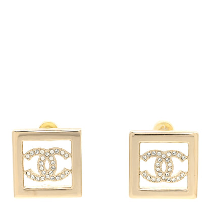 Chanel Metal Crystal Square CC Earrings Gold 1 of 4