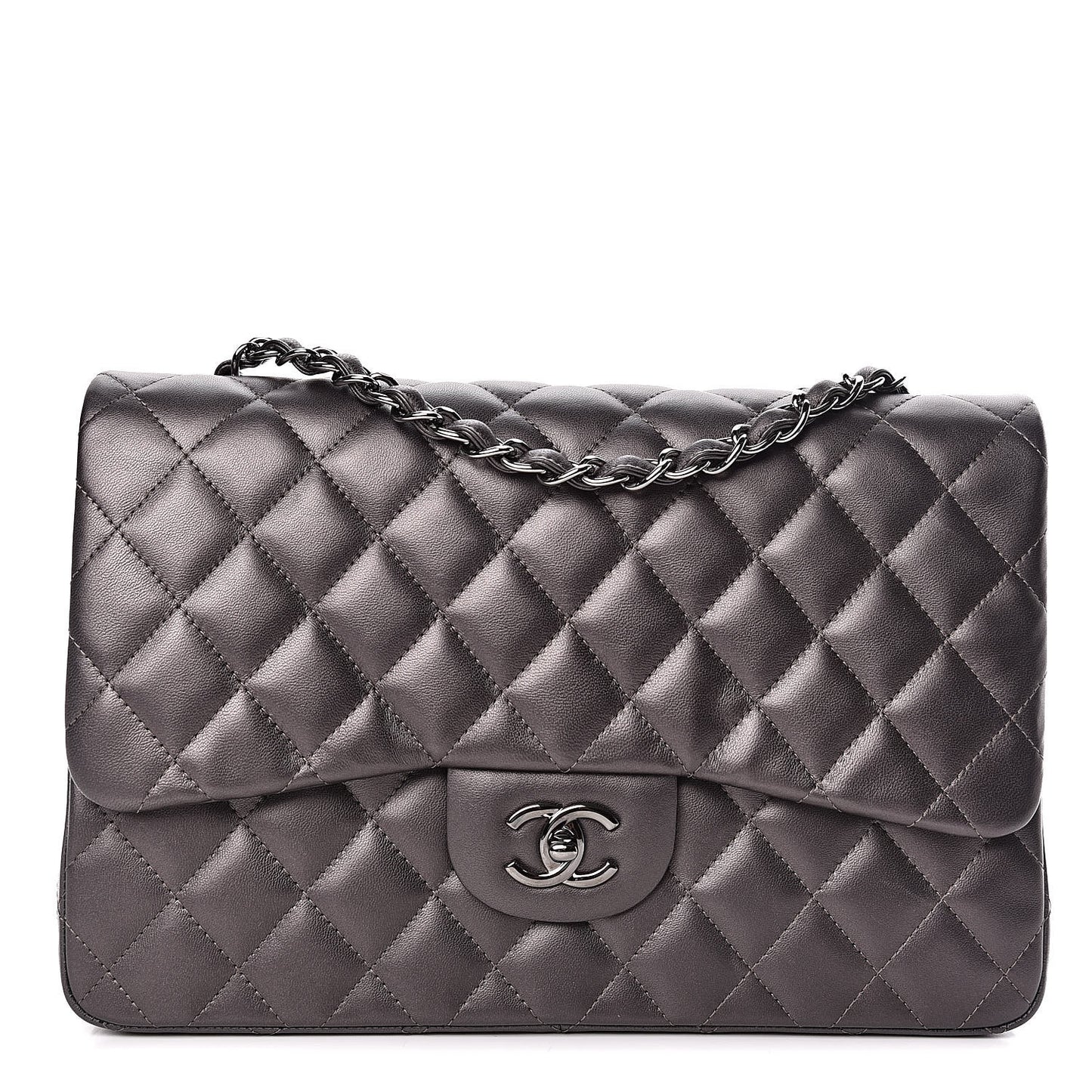 Metallic Lambskin Quilted Jumbo Single Flap Dark Grey