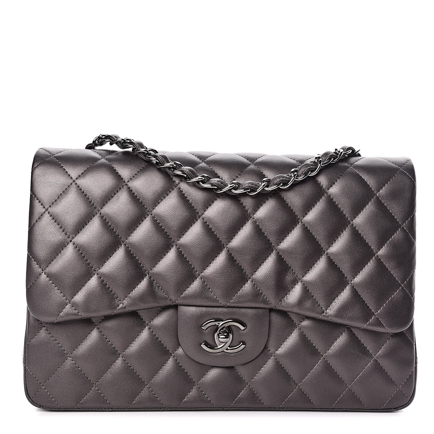 Chanel Metallic Lambskin Quilted Jumbo Single Flap Dark Grey 1 of 14