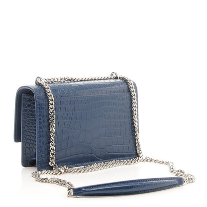 Saint Laurent Calfskin Crocodile Embossed Monogram Sunset Chain Wallet Denim 4 of 8