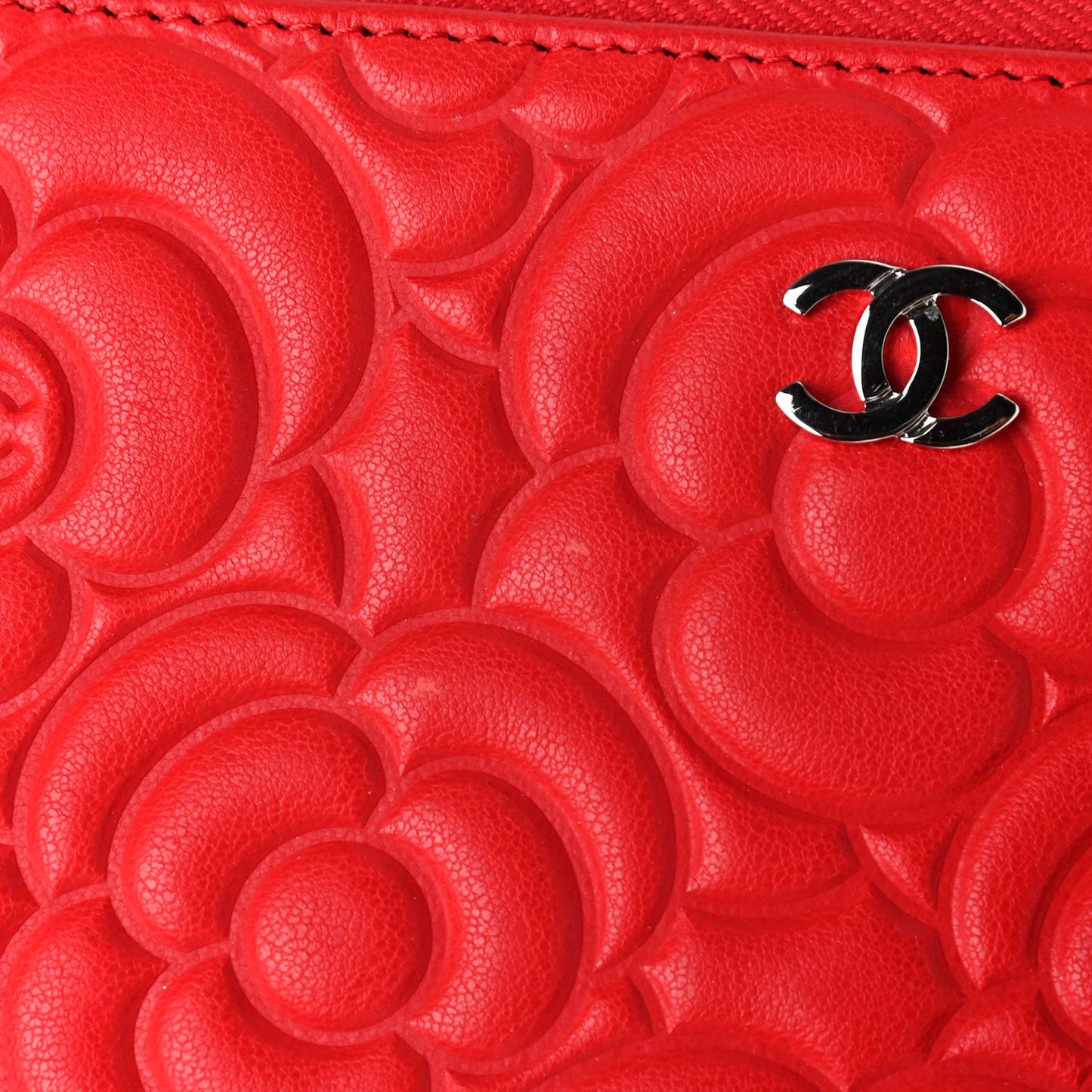 Goatskin Camellia Embossed Medium Zip Around Wallet Red