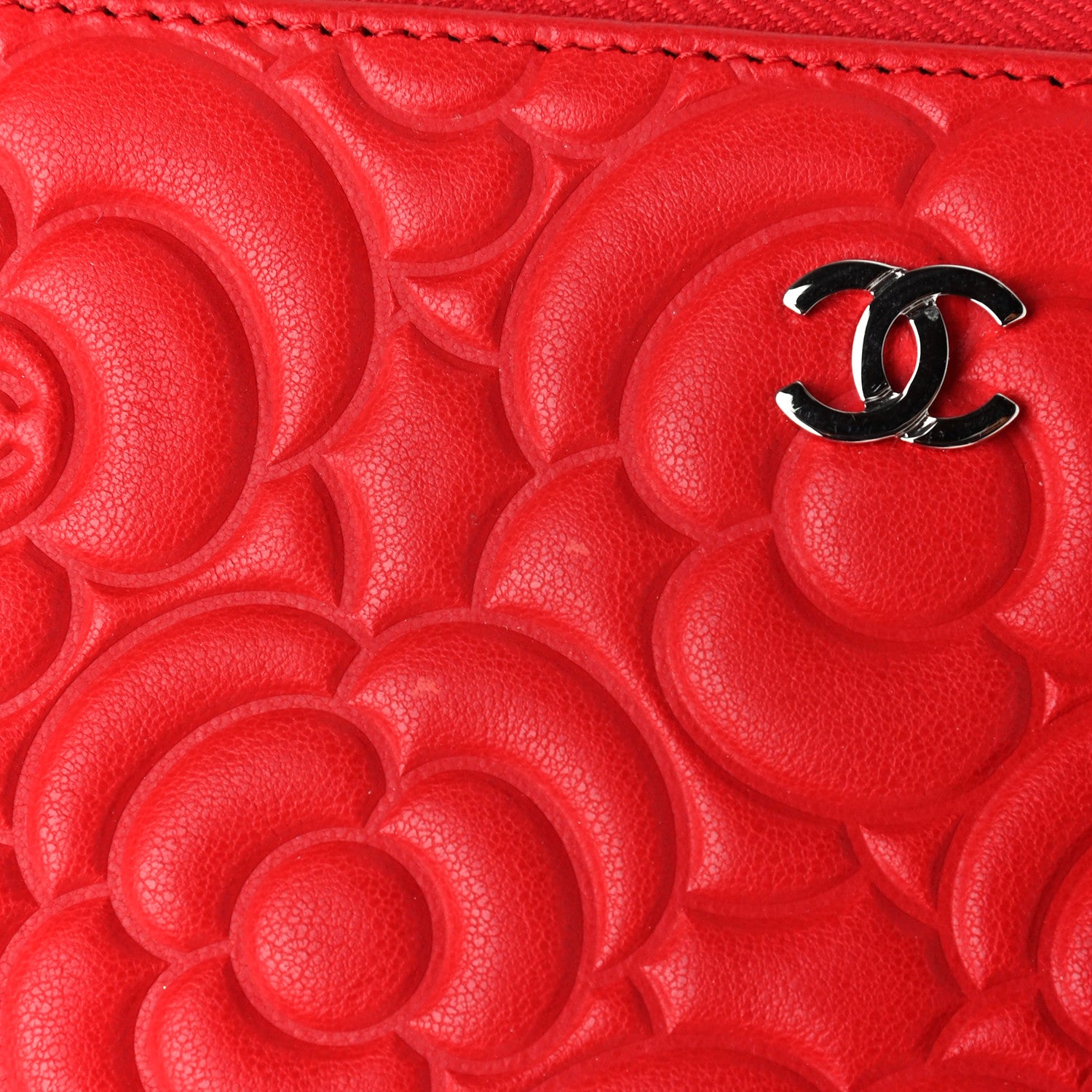 Chanel Goatskin Camellia Embossed Medium Zip Around Wallet Red 9 of 9