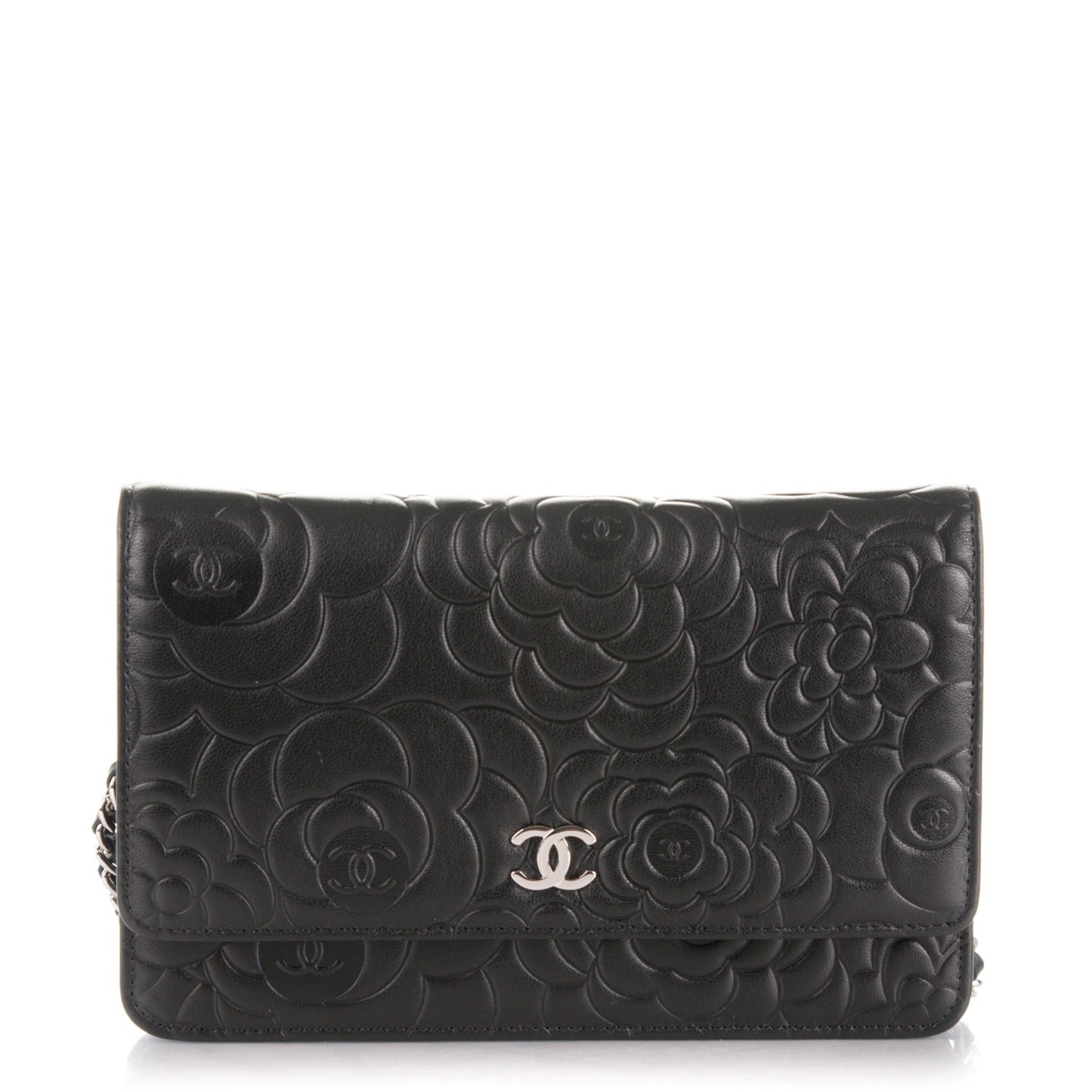 Lambskin Camellia Embossed Wallet On Chain WOC Black