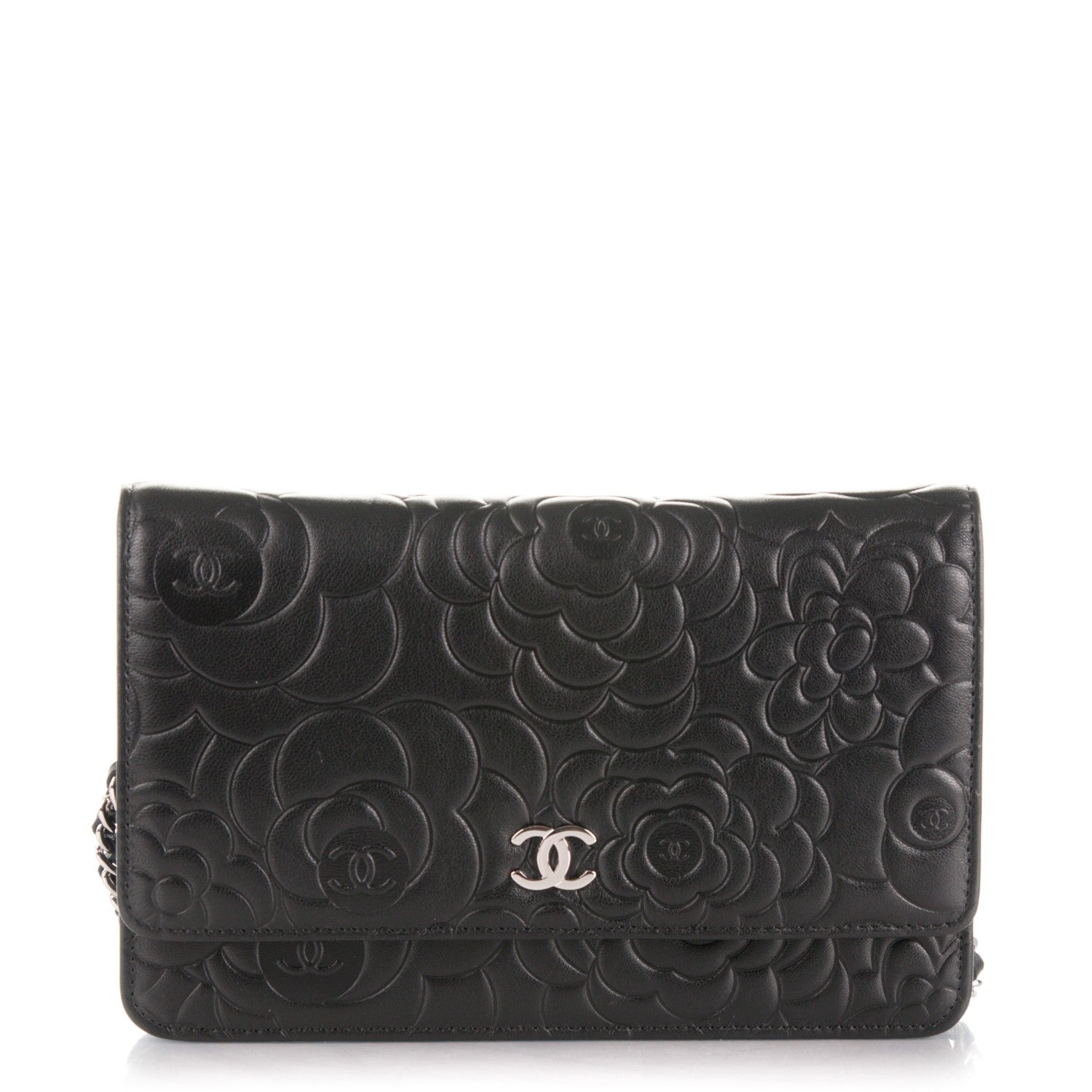 Chanel Lambskin Camellia Embossed Wallet On Chain WOC Black 1 of 8