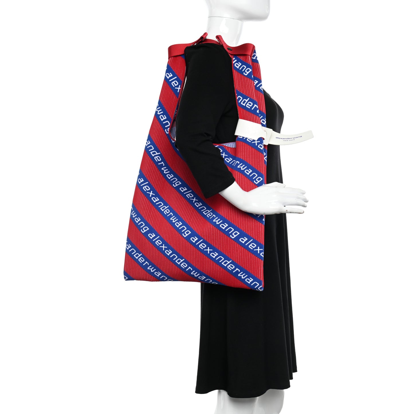 Knit Jacquard Diagonal Logo Shopper Tote Red Blue