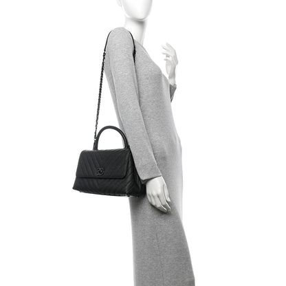 Chanel Caviar Chevron Quilted Small Coco Handle Flap So Black 2 of 14