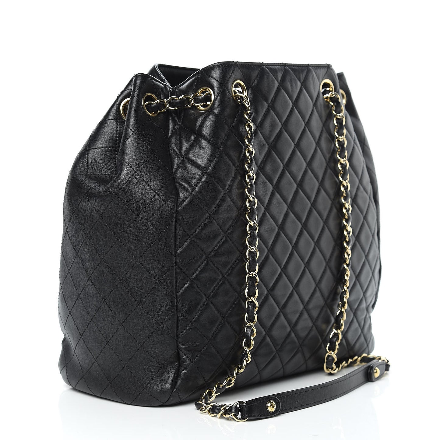 Lambskin Quilted Large Drawstring Bag Black