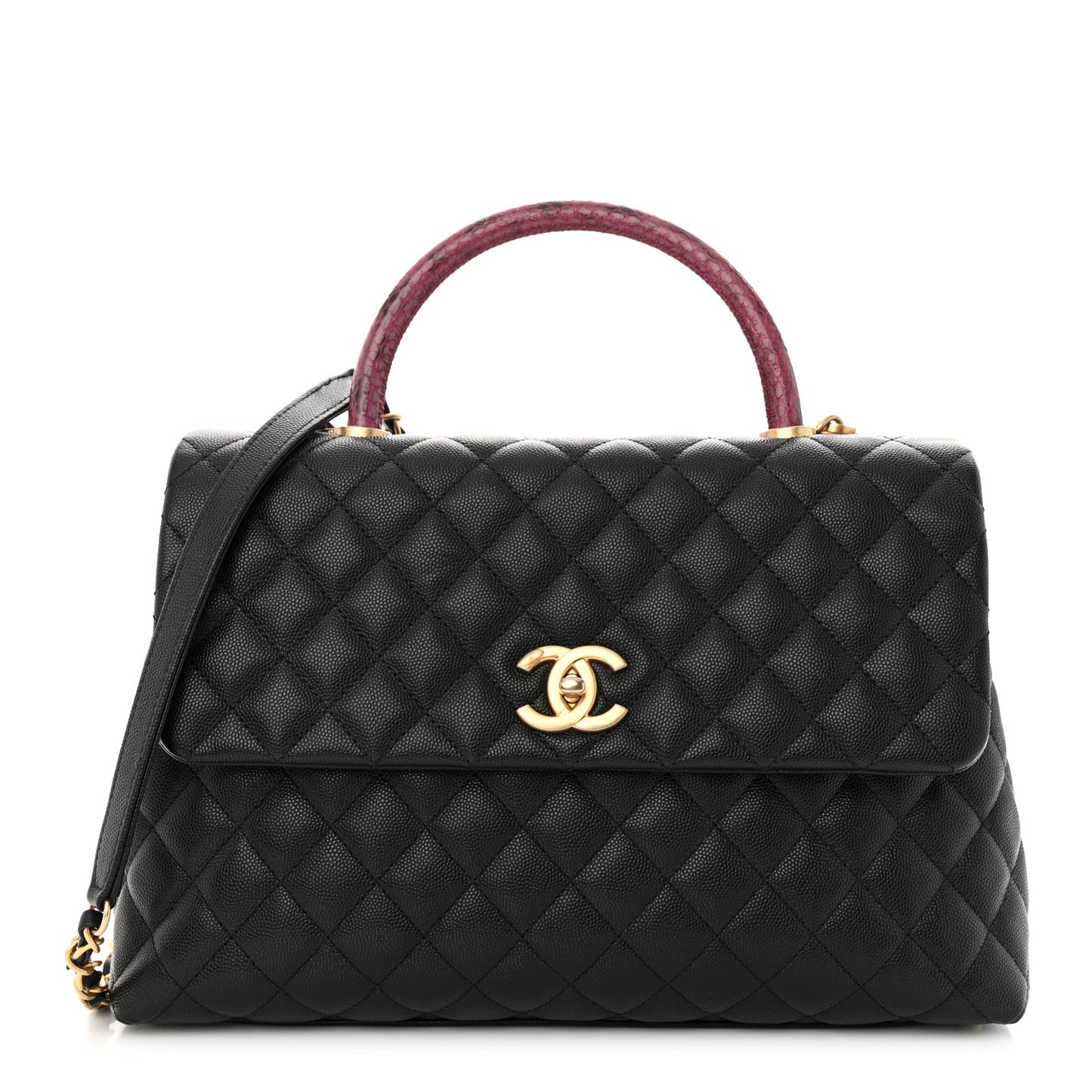 Caviar Elaphe Quilted Medium Coco Handle Flap Black Burgundy