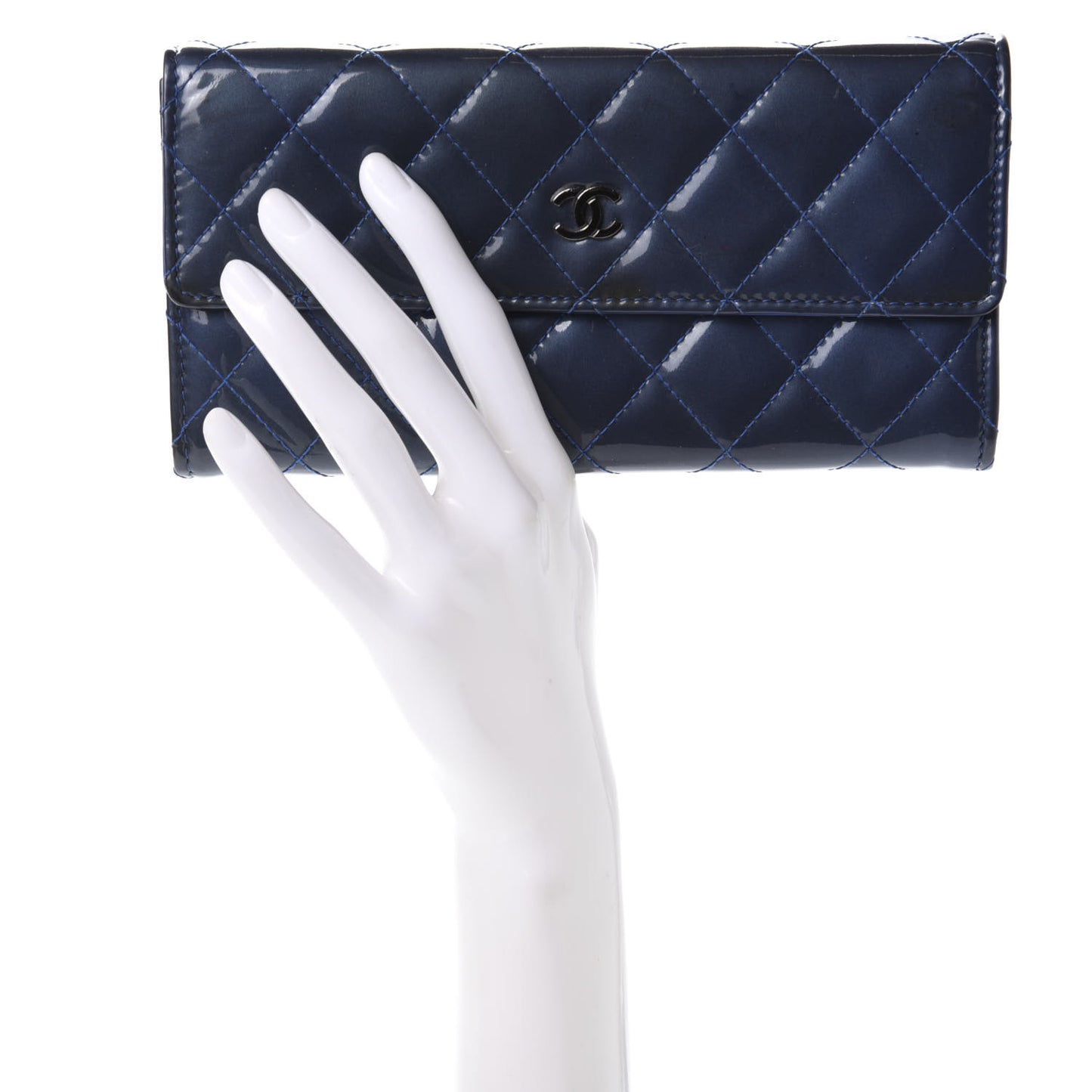 Patent Quilted Large Flap Wallet Blue