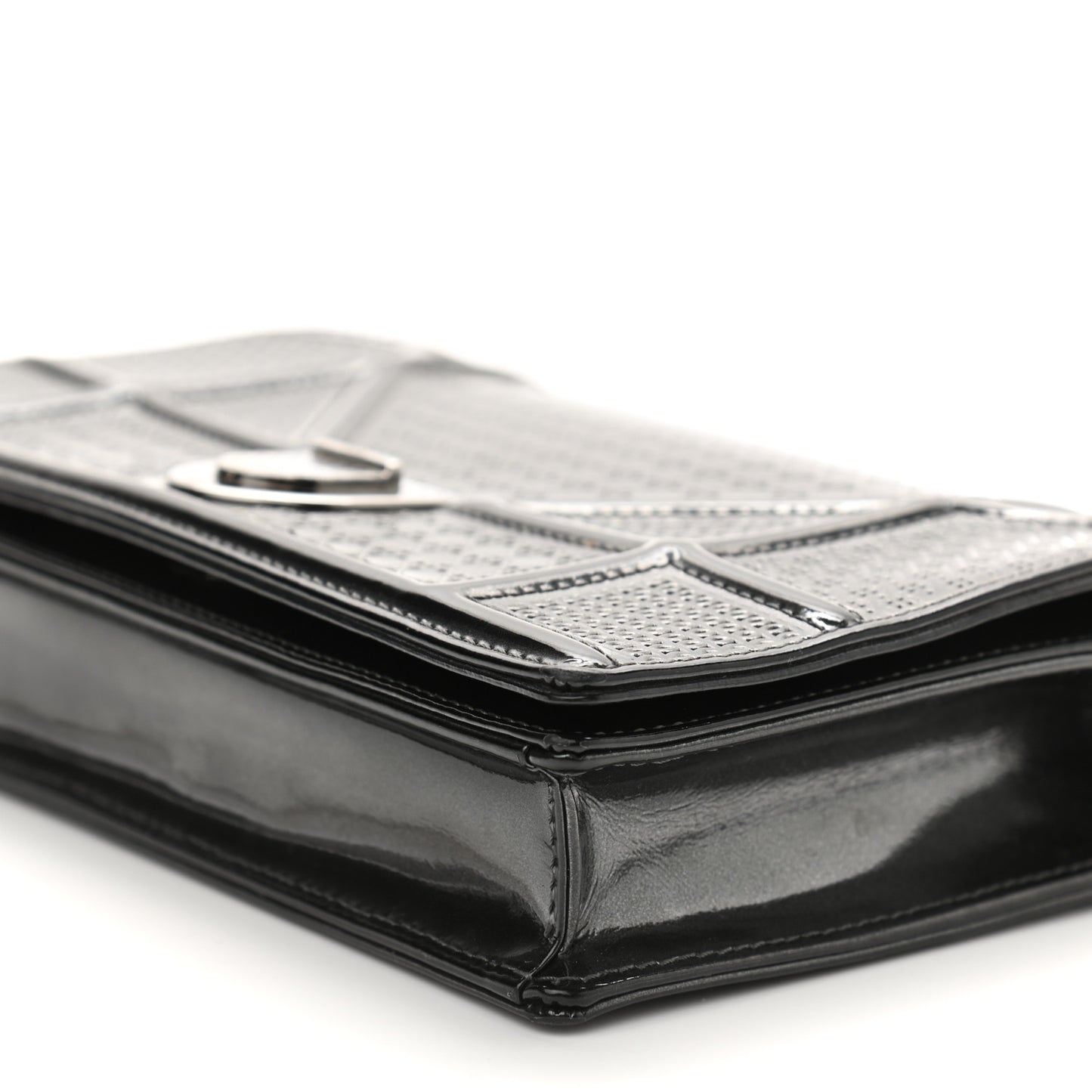 Metallic Patent Micro-Cannage Diorama Wallet on Chain Pouch Black