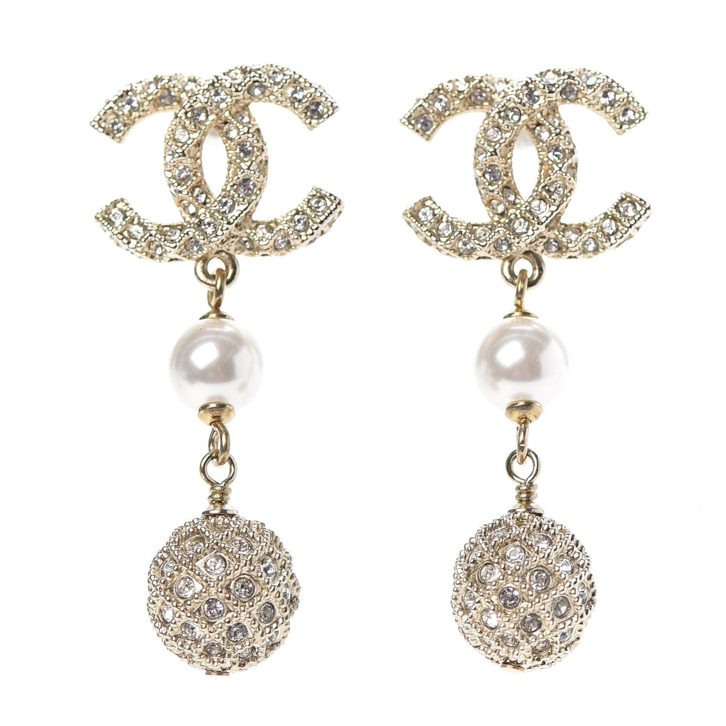 Pearl Crystal CC Drop Earrings Gold