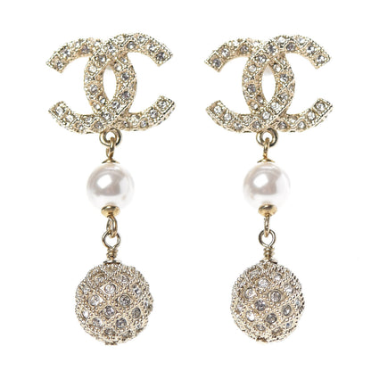Chanel Pearl Crystal CC Drop Earrings Gold 1 of 4