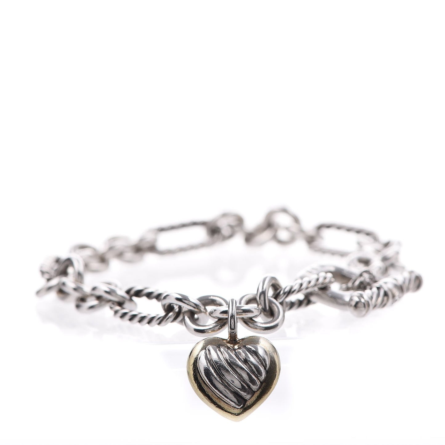 Sterling Silver 18K Yellow Gold Cable Heart Charm Bracelet