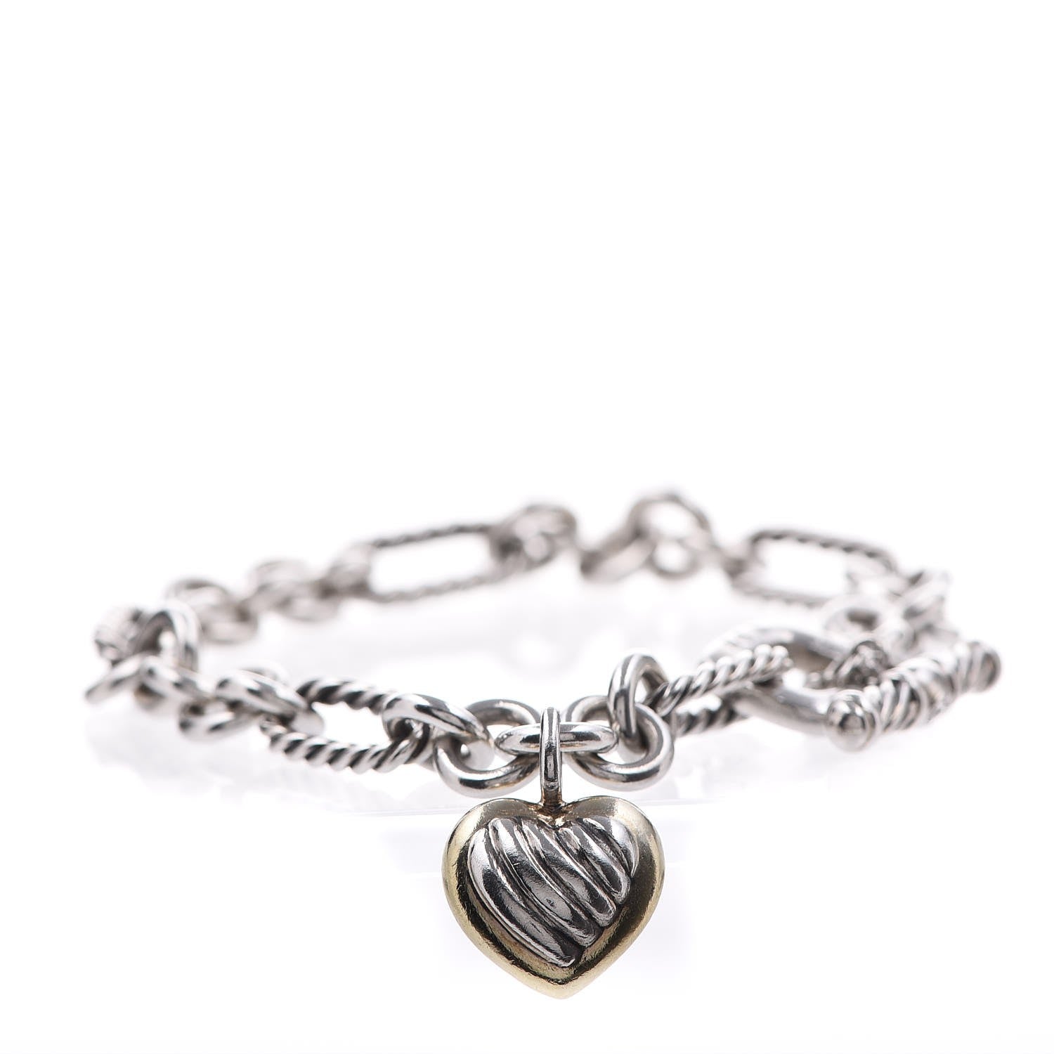 David Yurman Sterling Silver 18K Yellow Gold Cable Heart Charm Bracelet 1 of 4