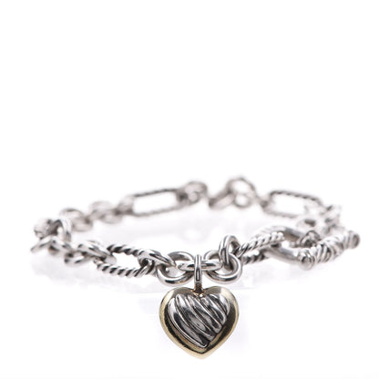 David Yurman Sterling Silver 18K Yellow Gold Cable Heart Charm Bracelet 1 of 4