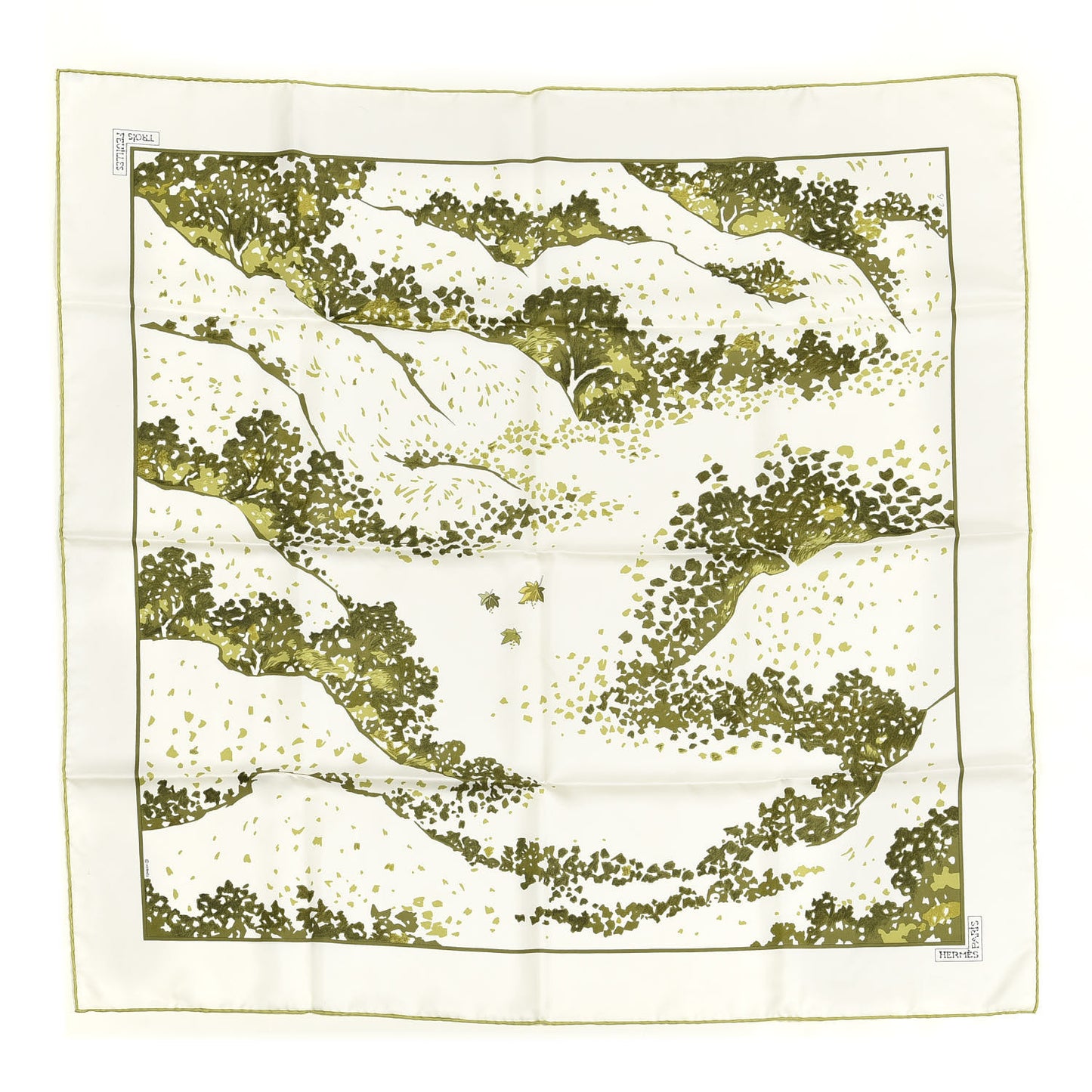 Silk Trois Feuilles Scarf 90 Chartreuse White Vert Toundra