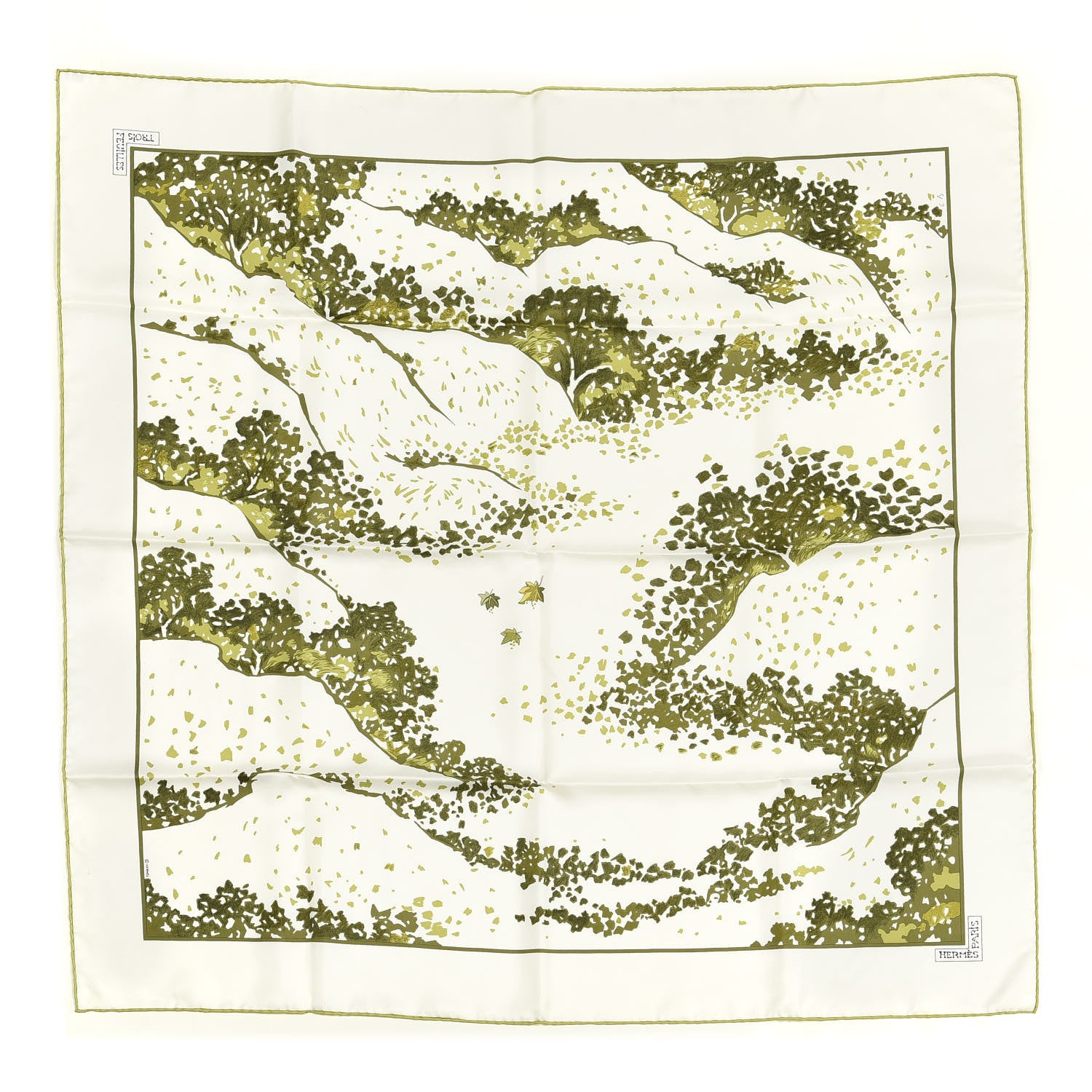 Hermes Silk Trois Feuilles Scarf 90 Chartreuse White Vert Toundra 1 of 5