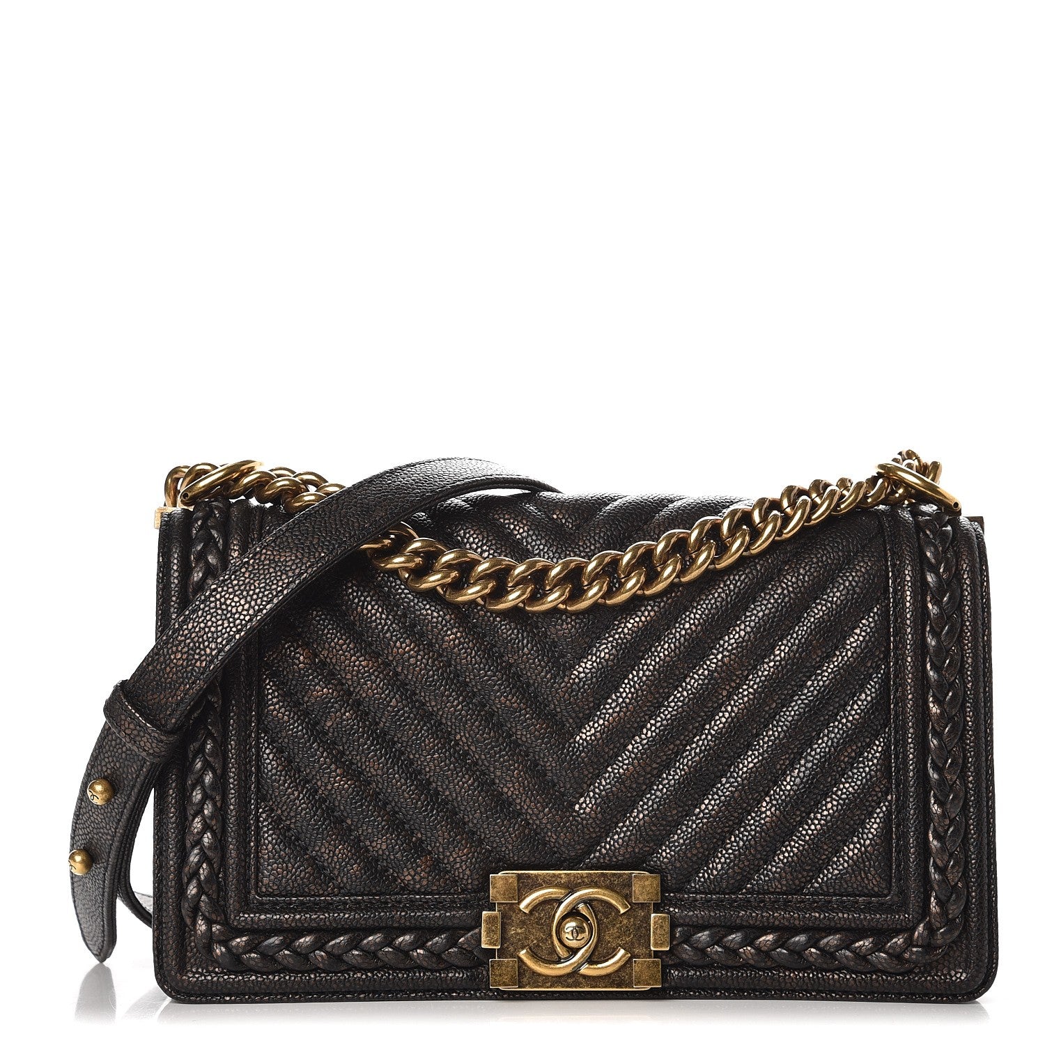 Chanel Patinated Calfskin Chevron Quilted Medium Braid Around Boy Flap Brown 1 of 8