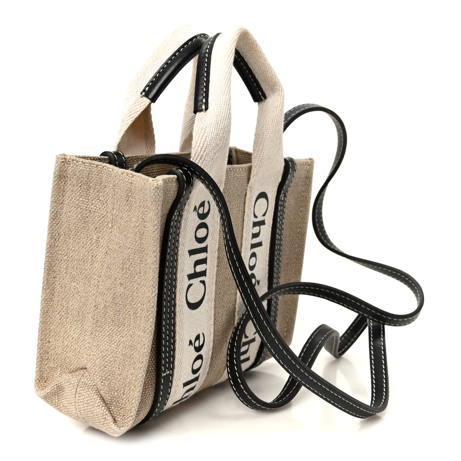 Chloe Linen Calfskin Mini Woody Ribbon Tote White Navy 3 of 10