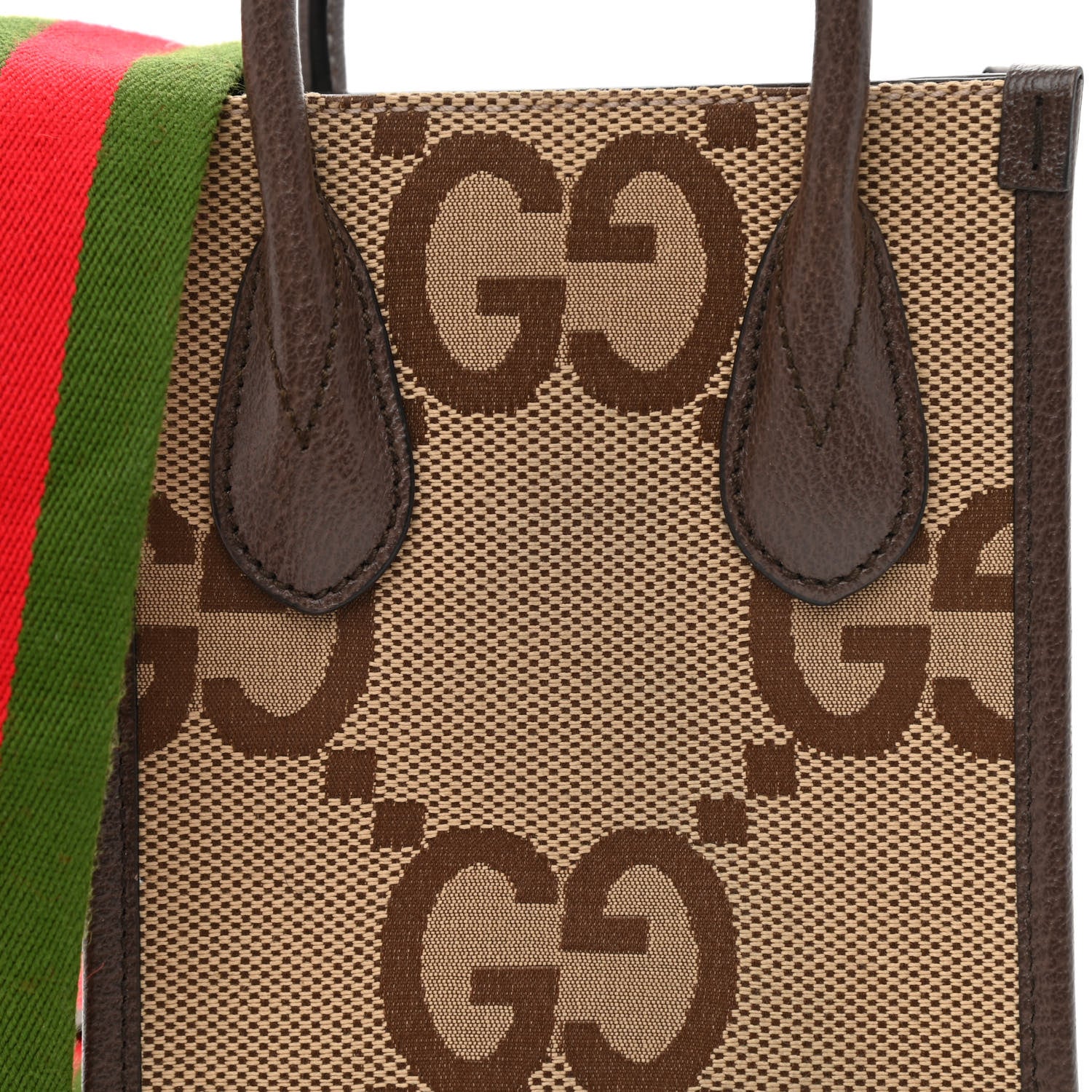 Gucci Monogram Jumbo GG Textured Dollar Calfskin Web Mini Vertical Tote Camel Ebony New Acero 8 of 11