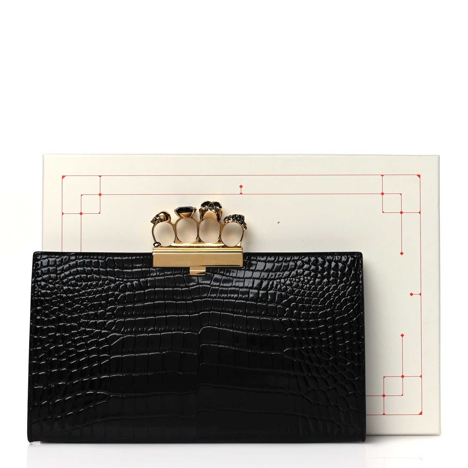 Alexander McQueen Calfskin Crocodile Embossed Knuckle Flat Clutch Black 9 of 9