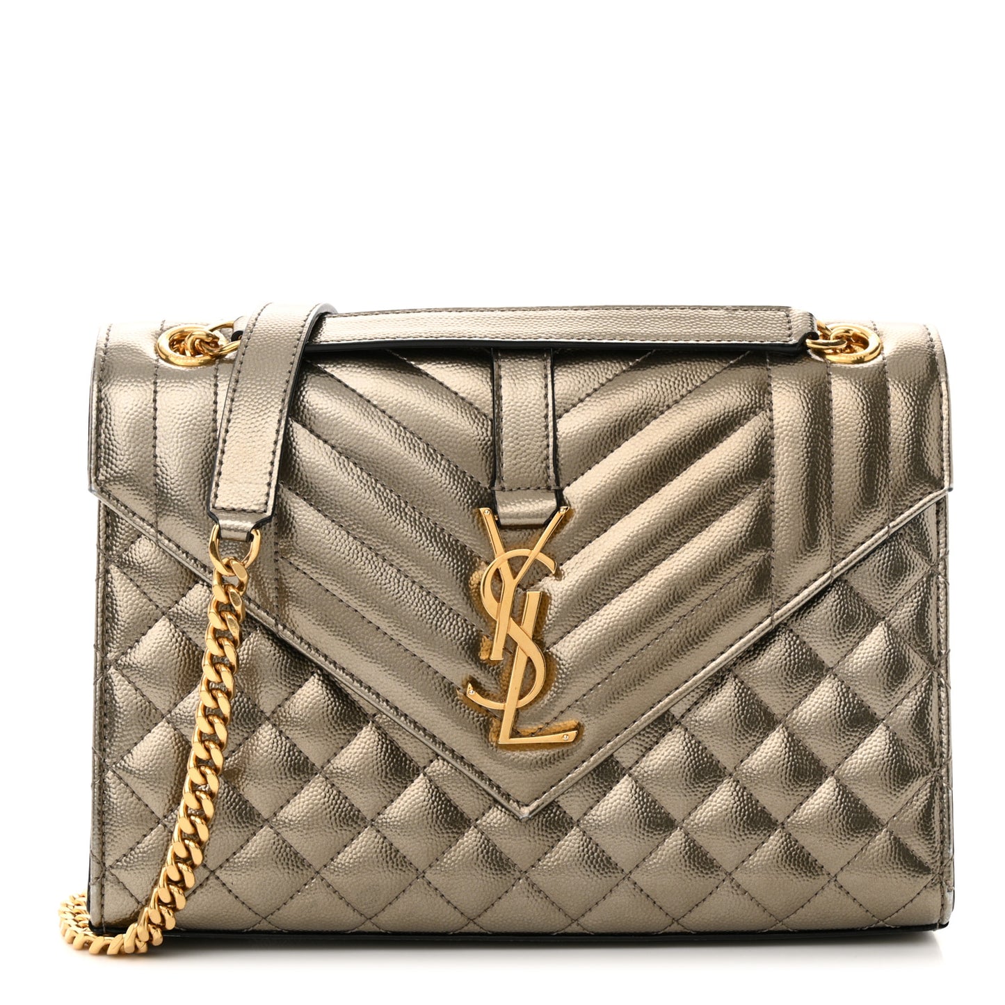 Metallic Grain De Poudre Textured Mixed Matelasse Triquilt Medium Monogram Satchel Gold